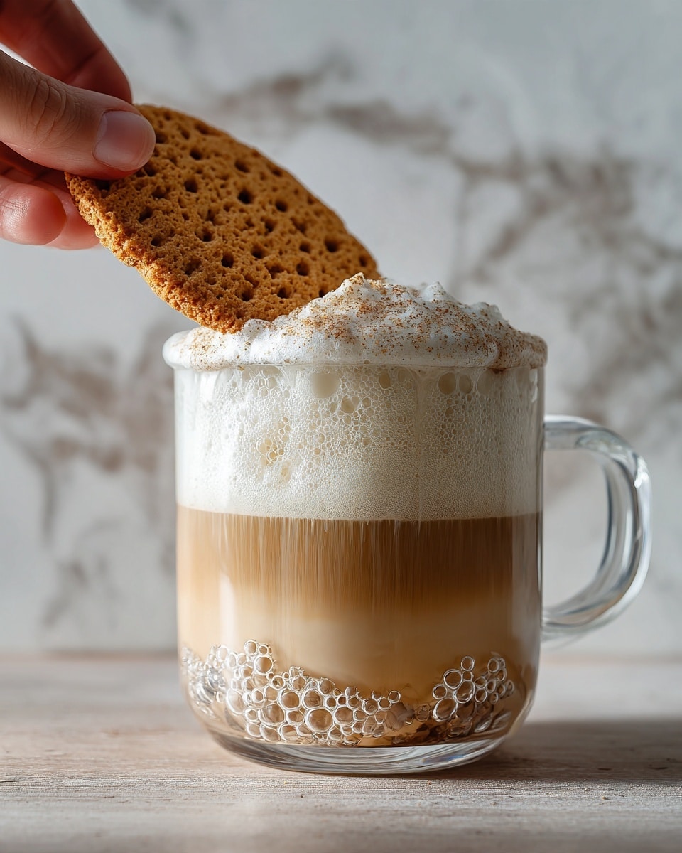 A clear glass mug filled with a light brown latte that has two layers: a smooth coffee layer at the bottom and a thick white foam layer on top, sprinkled with light brown cinnamon powder. A woman's hand is gently dipping a small tan biscuit with a rough texture into the foam, partially soaking it. The mug is placed on a wooden surface, with a white marbled background softly blurred behind. Photo taken with an iphone --ar 4:5 --v 7
