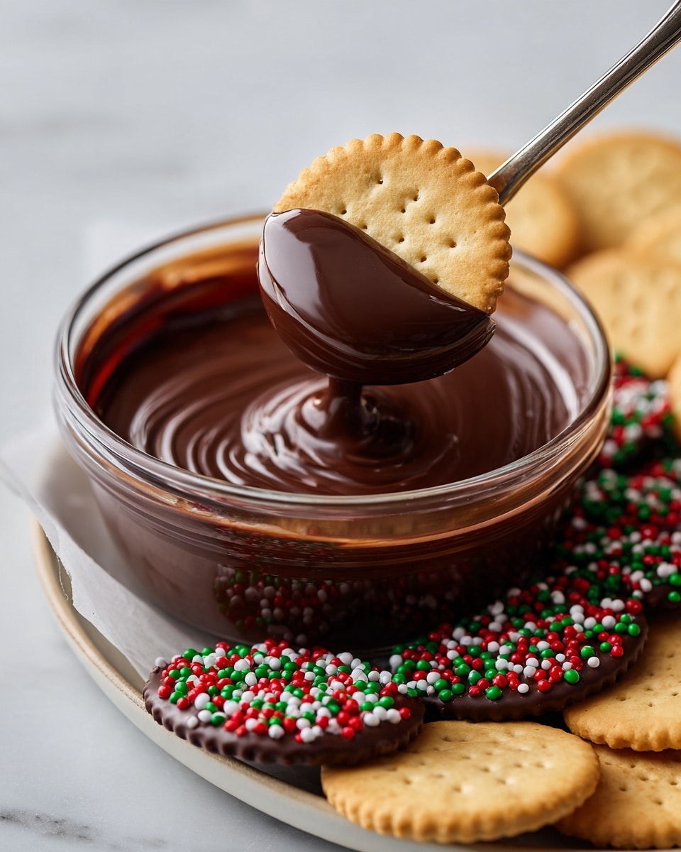 A glass bowl filled with melted dark brown chocolate sits on the edge of a white marbled surface, with a metal fork dipping a round golden cracker into the chocolate, covering it fully. Below, on a tray lined with parchment paper, there are several layers: the top layer shows plain golden crackers, the middle layer shows crackers fully coated in smooth dark brown chocolate, and the bottom layer has chocolate-covered crackers decorated with small red, white, and green round sprinkles. The scene is light and clean, focusing on the contrast of dark chocolate against the white marbled surface and golden crackers. photo taken with an iphone --ar 4:5 --v 7