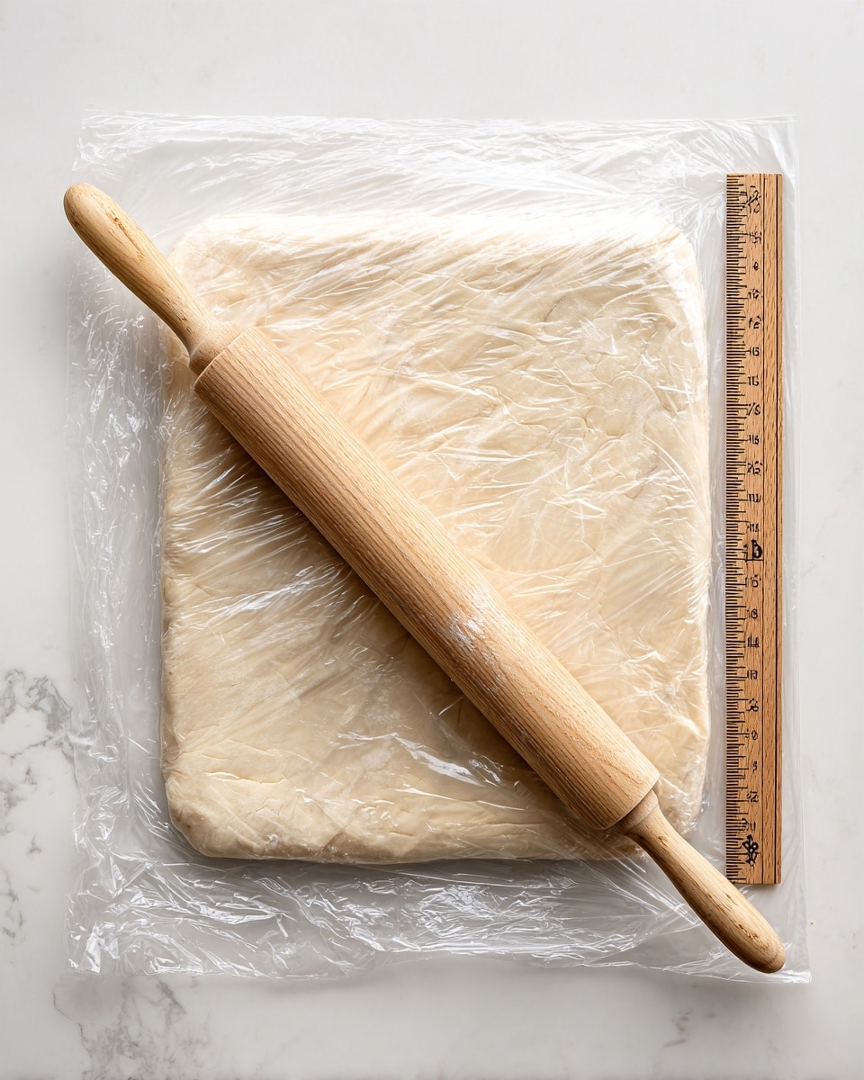 A square piece of light beige dough is rolled out flat between two clear plastic sheets. The dough has a smooth, slightly wrinkled texture. A light wooden rolling pin rests on top of the dough, positioned diagonally from the lower left to the upper right. On the right side of the dough, a wooden ruler with black markings is placed vertically, showing the dough's size. The whole setup is on a white marbled surface. Photo taken with an iphone --ar 4:5 --v 7