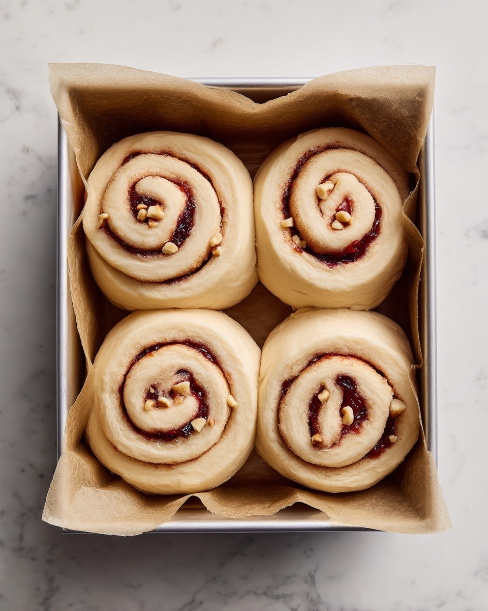 The image shows three large cinnamon rolls lined up in a white metal loaf pan lined with light brown parchment paper. Each roll has a thick swirl of beige dough with a dark brown cinnamon filling spiraled inside, sprinkled with small chopped nuts. The dough looks soft and slightly fluffy. The pan sits on a white marbled surface, giving a clean and bright background. The focus is on the front roll, making its textures clear while the back rolls blur slightly. photo taken with an iphone --ar 4:5 --v 7