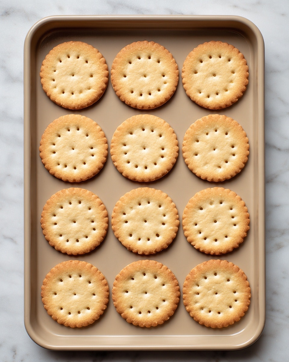 A beige baking tray on a white marbled surface holds a neat grid of round crackers, arranged in 7 rows and 9 columns. Each cracker is light golden brown with small perforated holes evenly spaced in the center and edges scalloped, showing a slightly rough texture. The tray and crackers are viewed from above, creating a clean, orderly pattern. photo taken with an iphone --ar 4:5 --v 7