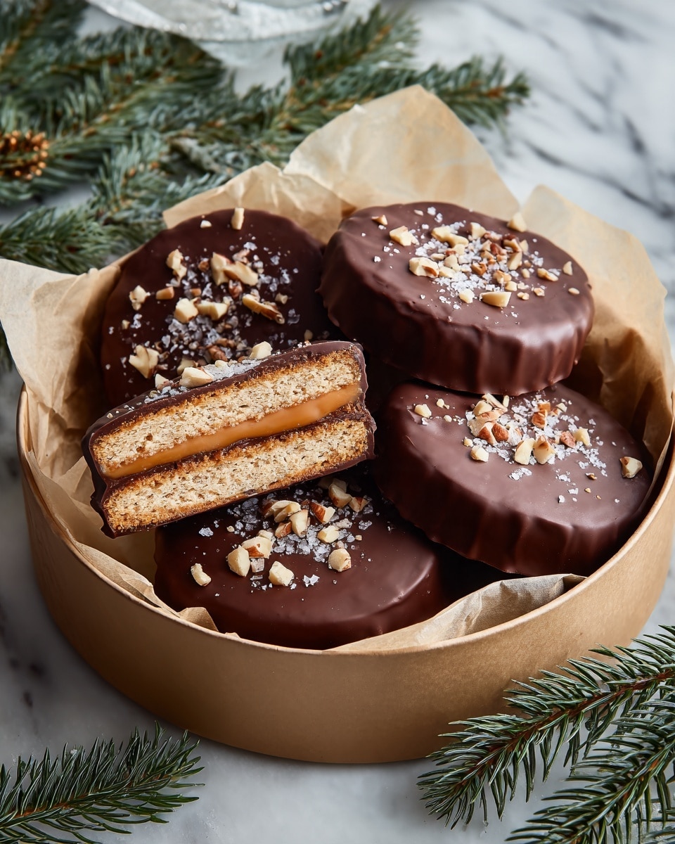 A round gift tin filled with many chocolate-covered cookies, each cookie topped with small pieces of chopped nuts. The cookies are smooth and shiny dark brown on the outside. Two cookies are cut in half to show layers inside: a thick outer chocolate layer, a light beige biscuit layer, a caramel or light brown filling layer, and another biscuit layer inside. The tin is lined with soft brown paper, and the background has a white marbled texture with green pine branches on the side. photo taken with an iphone --ar 4:5 --v 7