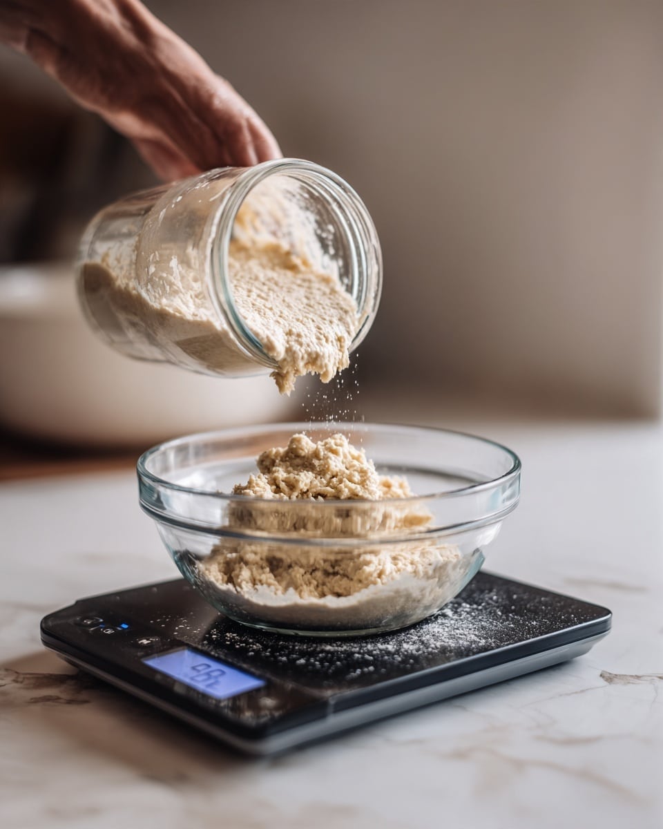 A clear glass bowl is placed on a black digital kitchen scale with a white marbled surface underneath. A woman's hand is pouring a thick, pale beige creamy mixture from a clear jar into the bowl. The mixture has a slightly lumpy texture and is spread unevenly in the bowl as it flows out. The digital scale shows a reading of 88 grams. The background is softly blurred with neutral tones. photo taken with an iphone --ar 4:5 --v 7