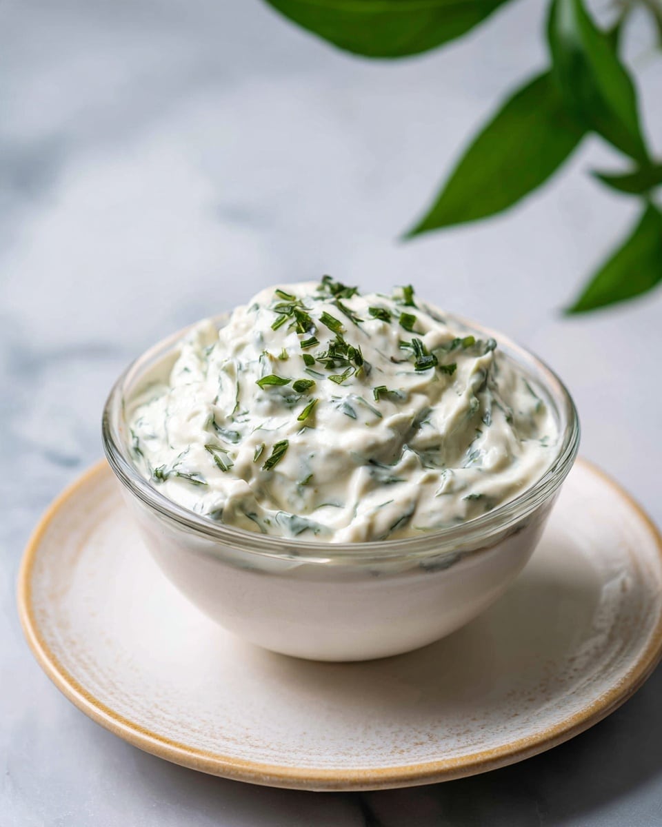 A clear glass bowl filled with creamy off-white sauce speckled with tiny black herbs, the sauce is smooth and fills the bowl to the top, sprinkled lightly with green dried herbs as garnish. The bowl sits on a white round plate with a slight beige rim, placed on a surface with a white marbled texture. In the blurry background, there are green leaves and stems adding a natural touch. photo taken with an iphone --ar 4:5 --v 7