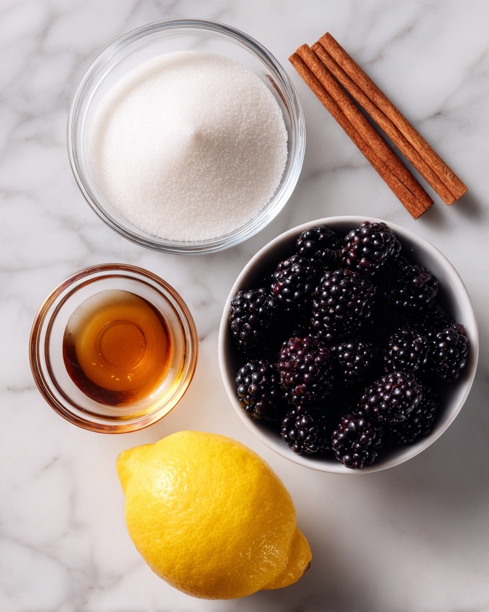 The image shows five separate containers and one lemon arranged on a white marbled surface. At the top left, there is a clear glass bowl filled with white granulated sugar, smooth and fine in texture. To the right of the sugar, there is a white bowl holding two brown cinnamon sticks lying flat. Below the sugar, a dark bowl is filled with fresh blackberries that are deep purple-black with shiny, bumpy textures, tightly packed together. Below the cinnamon sticks, there is a bright yellow lemon with a smooth, slightly dimpled skin. Near the bottom left, a small clear glass bowl contains light brown pure vanilla extract, with a shiny liquid surface. Each ingredient is labeled with black text on white translucent overlays. Photo taken with an iphone --ar 4:5 --v 7