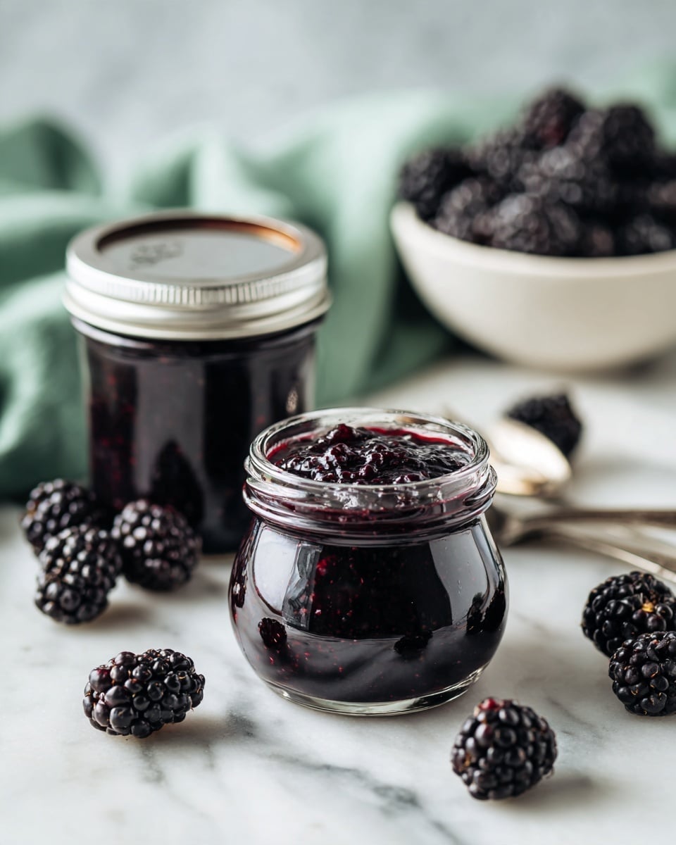 The image shows a small clear glass jar filled with dark purple blackberry jam, with the jam slightly overflowing at the top. There are three large, fresh blackberries placed closely near the base of the jar. In the background, a taller clear glass jar with a silver lid is filled with the same dark jam, and a white bowl behind it holds more fresh blackberries. The whole scene is set on a surface with a white marbled texture. The lighting highlights the shiny, glossy texture of the jam and the plump details of the blackberries. Photo taken with an iphone --ar 4:5 --v 7