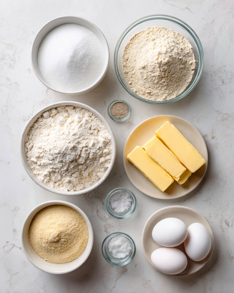 The image shows eight small white bowls arranged on a white marbled surface, each holding an ingredient for baking. At the top left, a white bowl holds fine granulated sugar, smooth and white. To the right, a clear round bowl contains light beige bread flour with a slightly crumbly texture. Below the sugar, another clear bowl is filled with unbleached all-purpose flour that looks slightly coarse and off-white. Next to it, two sticks of bright yellow unsalted butter rest horizontally on the surface. Below the butter, a small clear bowl holds fine, light brown active dry yeast. At the bottom left, a white bowl contains smooth and creamy whole milk, off-white in color. Near the center bottom, a tiny clear bowl holds fine, white kosher salt crystals. Finally, at the bottom right, a clear bowl has three large white eggs with smooth and shiny shells. The whole scene is bright and clean. Photo taken with an iphone --ar 4:5 --v 7