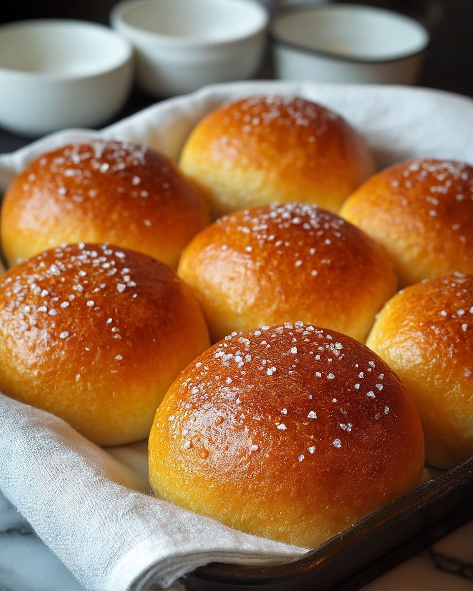 The image shows a close-up of seven golden brown round buns with a smooth, shiny surface, each topped with small white sugar crystals scattered evenly. The buns have a soft, light texture with slightly puffed, rounded tops. They are placed closely together on a beige cloth that lines a dark metal tray. The background features a blurred white marbled texture, with hints of white cups and other kitchen items softly out of focus. photo taken with an iphone --ar 4:5 --v 7