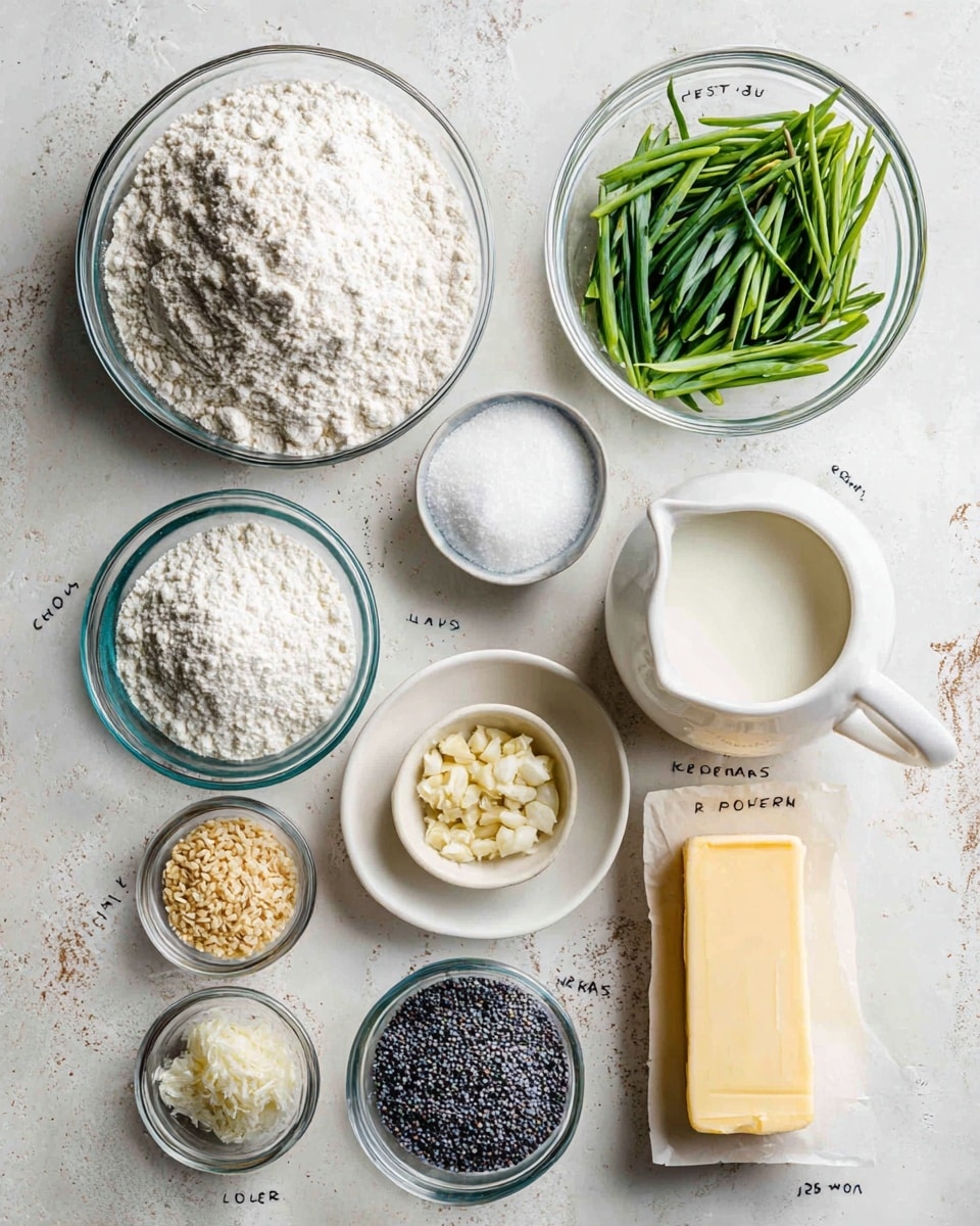 The image shows a flat lay of various baking ingredients arranged neatly on a white marbled surface. In the top left is a clear glass bowl filled with unbleached flour that is white and powdery. To its right is a glass bowl full of fresh green onions, chopped finely, bright green with some light white parts visible. Below the flour bowl is a small clear bowl of white baking powder. Moving down and slightly right is a larger clear bowl holding white granulated sugar. Below sugar, a white white cup with a handle contains heavy cream, creamy white and smooth. To the right of the sugar is a small clear bowl with granulated garlic, showing a light yellow texture. Above the granulated garlic, a white bowl holds dried onions that are light brown and crunchy. To the right at the top, a white bowl holds small, light beige sesame seeds. Near the sesame seeds is a small clear bowl with kosher salt, white and fine. Below that is a white bowl full of dark blue-black poppy seeds with a small grainy texture. Lastly, on the bottom right is a stick of unsalted butter wrapped in yellow paper with measurement markings visible. All bowls and items are spaced evenly with clear labels above or next to each ingredient reading their names. photo taken with an iphone --ar 4:5 --v 7