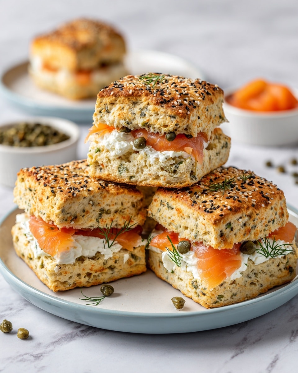 The image shows three square savory biscuits on a white plate with a blue rim, placed on a white marbled surface. Each biscuit has a golden-brown top sprinkled with white sesame seeds, poppy seeds, and some green herbs, creating a textured look. One of the biscuits is split open, revealing a layered filling inside: a base layer of creamy white spread, a middle layer with folded bright orange smoked salmon slices, and a few small dark green capers with sprigs of fresh dill on top, creating a colorful contrast. The filling and biscuit layers are thick and distinct, showing soft, flaky biscuit texture with herbs inside. Photo taken with an iphone --ar 4:5 --v 7