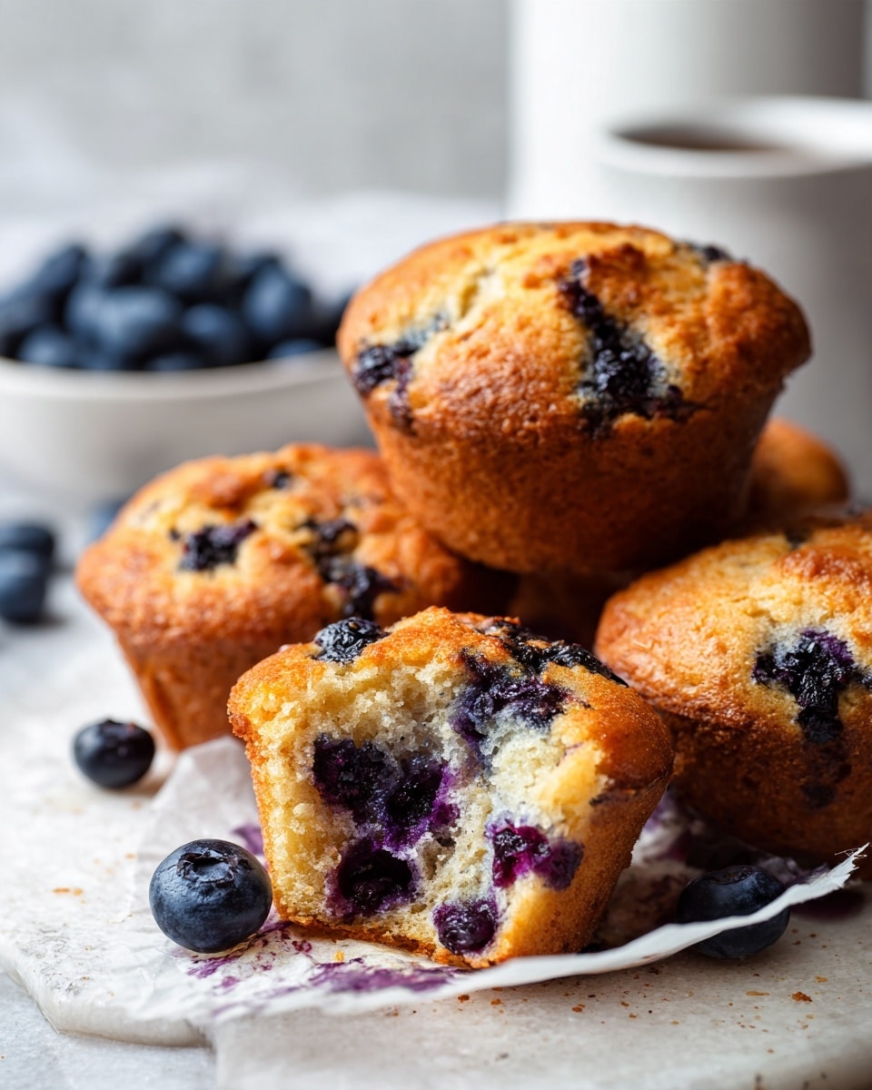 A close-up image of several golden brown muffins filled and topped with dark purple blueberries. One muffin is peeled open, showing a fluffy texture with scattered blueberries inside and a few on top. The muffins rest on a slightly worn white wooden board placed on a white marbled surface. The background is softly blurred with more muffins and a white mug visible. Photo taken with an iphone --ar 4:5 --v 7