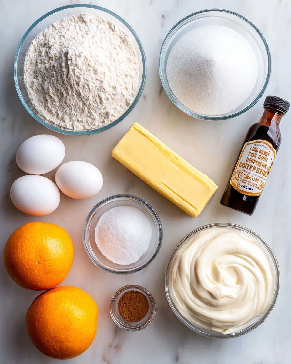The image shows clear glass bowls and containers each holding different baking ingredients arranged neatly on a white marbled surface. Starting from the top left, there is a large bowl filled with white flour, next to it on the right is a bowl full of granulated white sugar. Below the flour are two whole bright orange oranges side by side. To the left below the oranges are two large white eggs. Directly below one egg is a small bowl with white baking powder, and to its right a small bowl with white kosher salt. Below the salt is a larger bowl filled with smooth, thick white sour cream. To the right of the sour cream bowl is a bright yellow stick of unsalted butter in its wrapper. Above the butter is a dark brown bottle labeled pure vanilla extract. Between the butter and the sour cream bowl is a small clear bowl with light brown ground cinnamon. The colors are mostly white and bright orange with touches of yellow and brown. The background and surface are soft white and marble-textured. Photo taken with an iphone --ar 4:5 --v 7