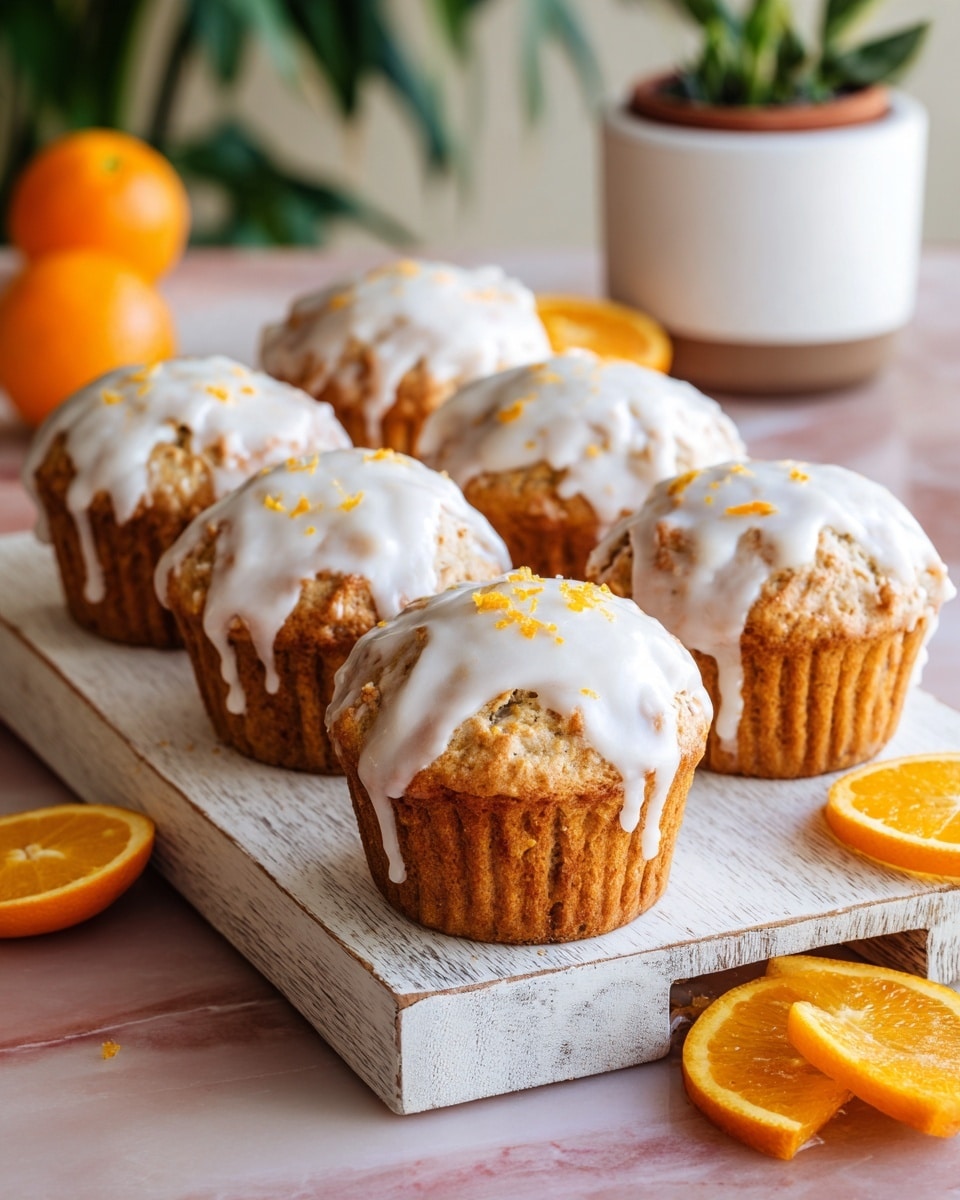 The image shows two rows of golden-brown muffins lined up on a white rustic wooden board, each topped with a glossy, light cream-colored glaze that drips slightly down the sides, with small orange zest pieces on the glaze. The muffins sit on brown paper liners with a ridged texture. Around the board are whole bright orange oranges and a half orange placed on a white marbled texture surface. The background is softly blurred, featuring a warm beige tone with hints of green from a plant. Photo taken with an iphone --ar 4:5 --v 7