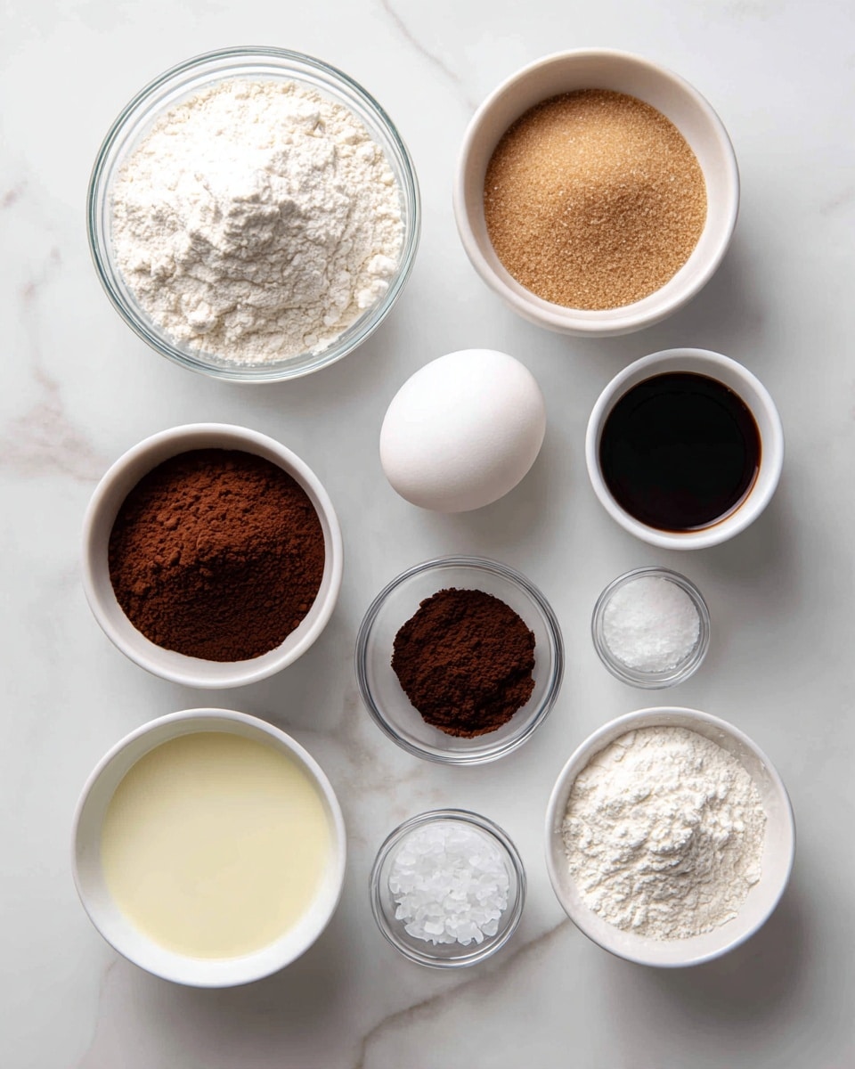 The image shows nine ingredients arranged neatly on a white marbled surface. At the top left, a clear bowl holds white unbleached all-purpose flour with a slightly powdery texture. To its right, another clear bowl contains light brown sugar, which looks soft and crumbly. Below the flour, a large white egg sits alone. Next to it, a small white bowl filled with dark brown Dutch processed cocoa powder has a smooth, fine texture. To the right of the sugar, a small clear cup holds very dark instant espresso powder. Below the egg, a small white cup has white whole milk that looks smooth and creamy. Next to it, a white bowl contains light yellow vegetable oil with a smooth, oily surface. On the bottom left, a small clear bowl holds coarse white kosher salt crystals. Finally, at the bottom right, a small clear bowl holds white baking powder with a fine, powdery look. All items are spaced evenly on the white marbled background with clear text labels above or near each ingredient. Photo taken with an iphone --ar 4:5 --v 7