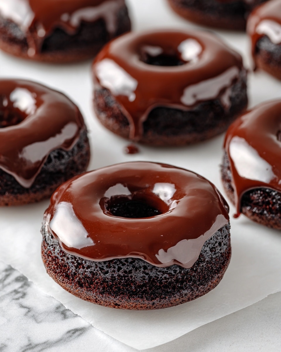 The image shows several chocolate donuts arranged closely together on a white textured surface. Each donut has one thick layer of dark brown chocolate cake at the bottom with a smooth, shiny dark chocolate glaze on top that drips slightly over the edges. The glaze has a reflective surface that highlights the softness of the chocolate. The white marbled texture below contrasts with the rich colors of the donuts. photo taken with an iphone --ar 4:5 --v 7