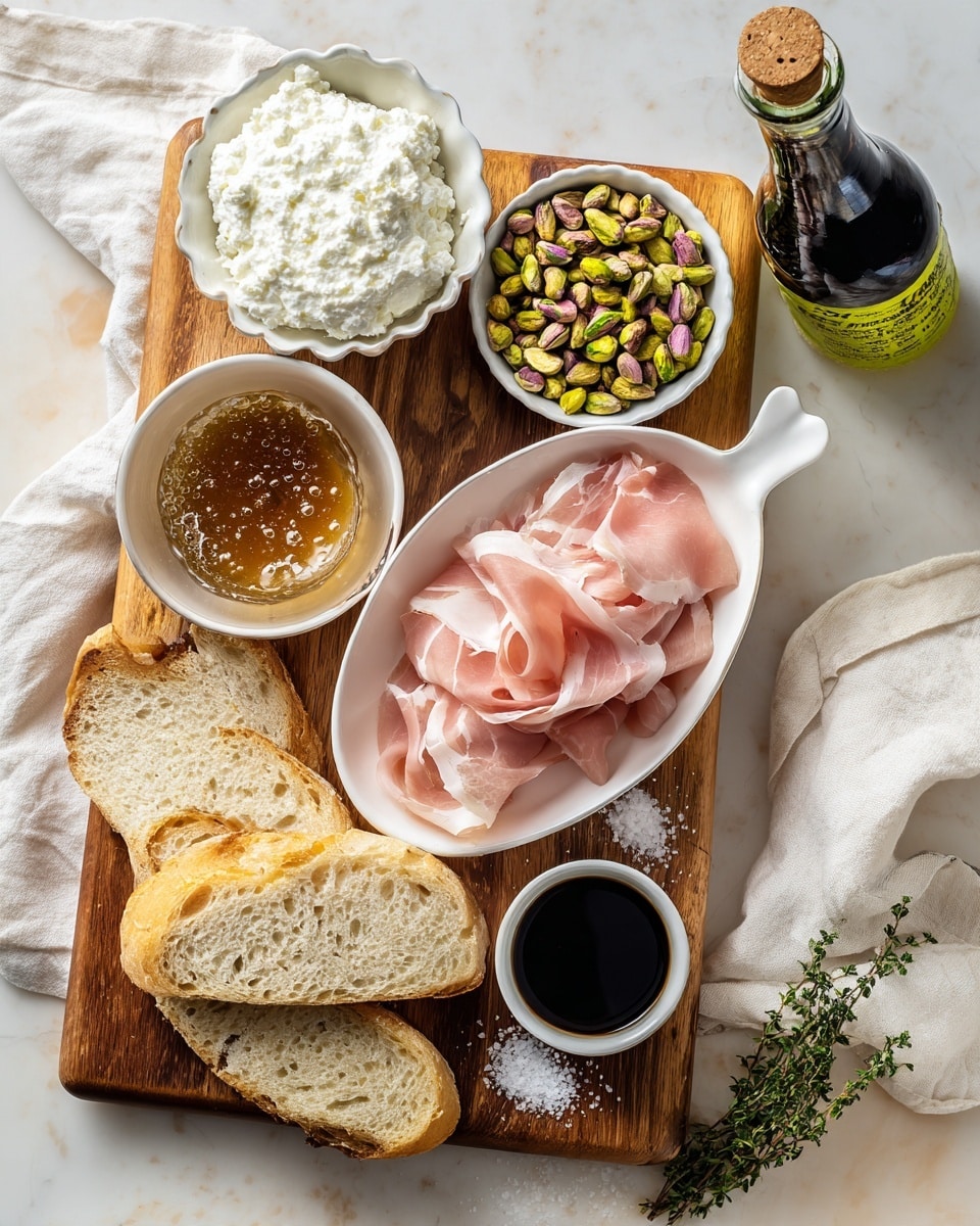 A wooden board placed on a white marbled surface holds various food items arranged neatly. At the top left, a white bowl contains soft white ricotta cheese with a fluffy texture. Below it, a white scalloped dish is filled with green and purple pistachios. In the center of the board, a small white bowl holds a thick dark amber honey sauce with tiny bubbles on top. To the right, an oval white dish is piled with thin, folded slices of pink prosciutto with white marbled fat. Below the board, three slices of crusty white bread with golden brown edges rest stacked. Beneath the bread, a white dish contains coarse white salt and cracked black pepper side by side. Next to it is a small cup filled with dark balsamic vinegar. A fresh sprig of green thyme lies near the bottom right corner of the board. To the right of the board on a white cloth is a dark glass bottle of olive oil with a green and yellow label. The setup is well lit, highlighting textures and colors against the soft background. Photo taken with an iphone --ar 4:5 --v 7