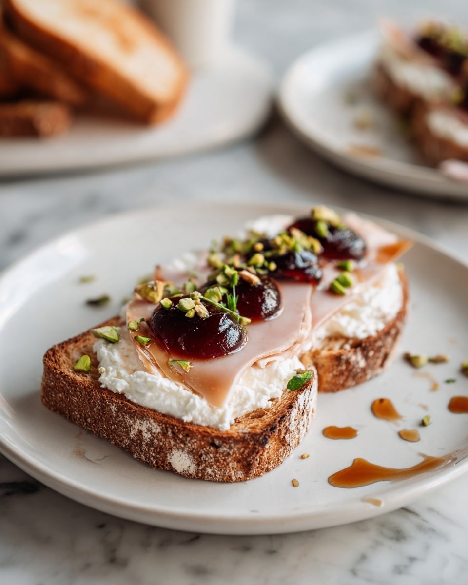 A thick slice of dark brown toasted bread sits on a white plate with a white marbled surface underneath. The first layer on the toast is a creamy white spread, smooth and soft. On top of this is a thin layer of light pink cured meat, slightly folded. The final layer shows several dark, shiny dried figs, topped with small green herb leaves and scattered pieces of chopped green pistachios. A few drops of brown syrup are visible on the plate near the toast. In the background, another plain toast slice rests on a wooden board. photo taken with an iphone --ar 4:5 --v 7