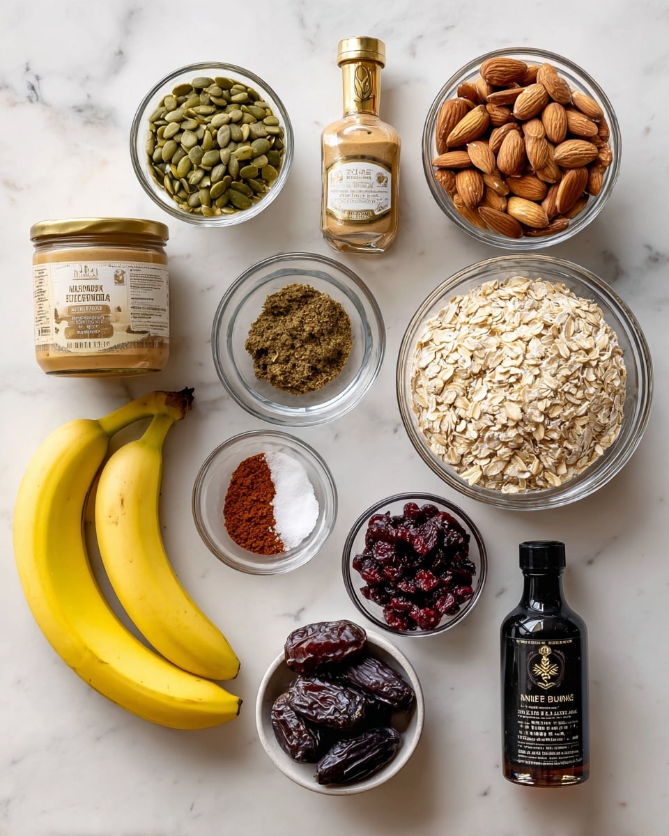 The image shows a group of ingredients neatly arranged on a white marbled surface. At the center bottom, there is a bunch of four yellow bananas with smooth skins. Above the bananas, a jar of creamy almond butter sits with its light brown label and gold lid visible. To the left of the jar, a small glass bowl holds green pumpkin seeds, and above that, a larger glass bowl filled with whole brown almonds. On the right side of the almonds is a large glass bowl filled with light beige rolled oats. To the right of the oats, a small white bowl holds dark red dried cranberries. Below this, there is a small glass jar filled with reddish-brown cinnamon powder. Near the center, a medium glass bowl is filled with dark dried prunes. Near the bottom right corner, a dark glass bottle with a black cap labeled vanilla extract stands upright. On the far left, a bottle of maple syrup with a curved shape and yellow label is visible. In the middle at the top, a small glass bowl contains white salt crystals. The arrangement is dry and tidy, with clear empty spaces between items, all set on the white marbled background. photo taken with an iphone --ar 4:5 --v 7