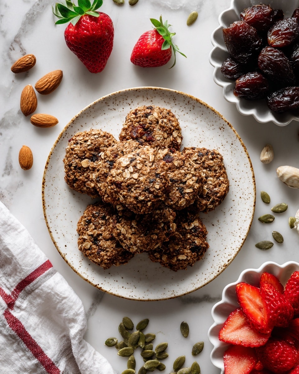 The image shows a white round plate with a thin gold rim, holding six rough-textured oatmeal cookies with visible pieces of nuts, dried fruits, and seeds, each cookie having a warm golden brown color and chunky appearance. Among the cookies on the plate are two dark dried plums and one fresh red strawberry with green leaves, placed toward the edges. Near the plate, to the right, is a white bowl filled with fresh bright red strawberries. Below and slightly to the right of the plate is a scalloped white bowl filled with dark dried plums. In the upper left corner, there are three oatmeal cookies placed directly on the white marbled surface, with a few almonds and pumpkin seeds scattered around. A folded white cloth with red and black stripes is partially visible in the bottom left corner. The photo taken with an iphone --ar 4:5 --v 7