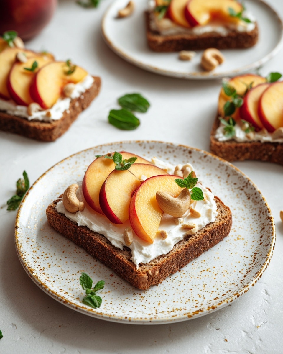 A slice of brown bread sits on a white plate with small gold speckles around the edge. The bottom layer is smooth white cream spread evenly on the bread. On top, there are four thick slices of roasted peach, golden orange with darker edges, placed close together in a row. Scattered on the peaches and cream are broken cashew nuts, pale beige in color, and small fresh green basil leaves adding a touch of bright green. In the background, there are more plates with the same toast, a halved peach, a bowl of cashews, and fresh green herbs on a white marbled surface. photo taken with an iphone --ar 4:5 --v 7