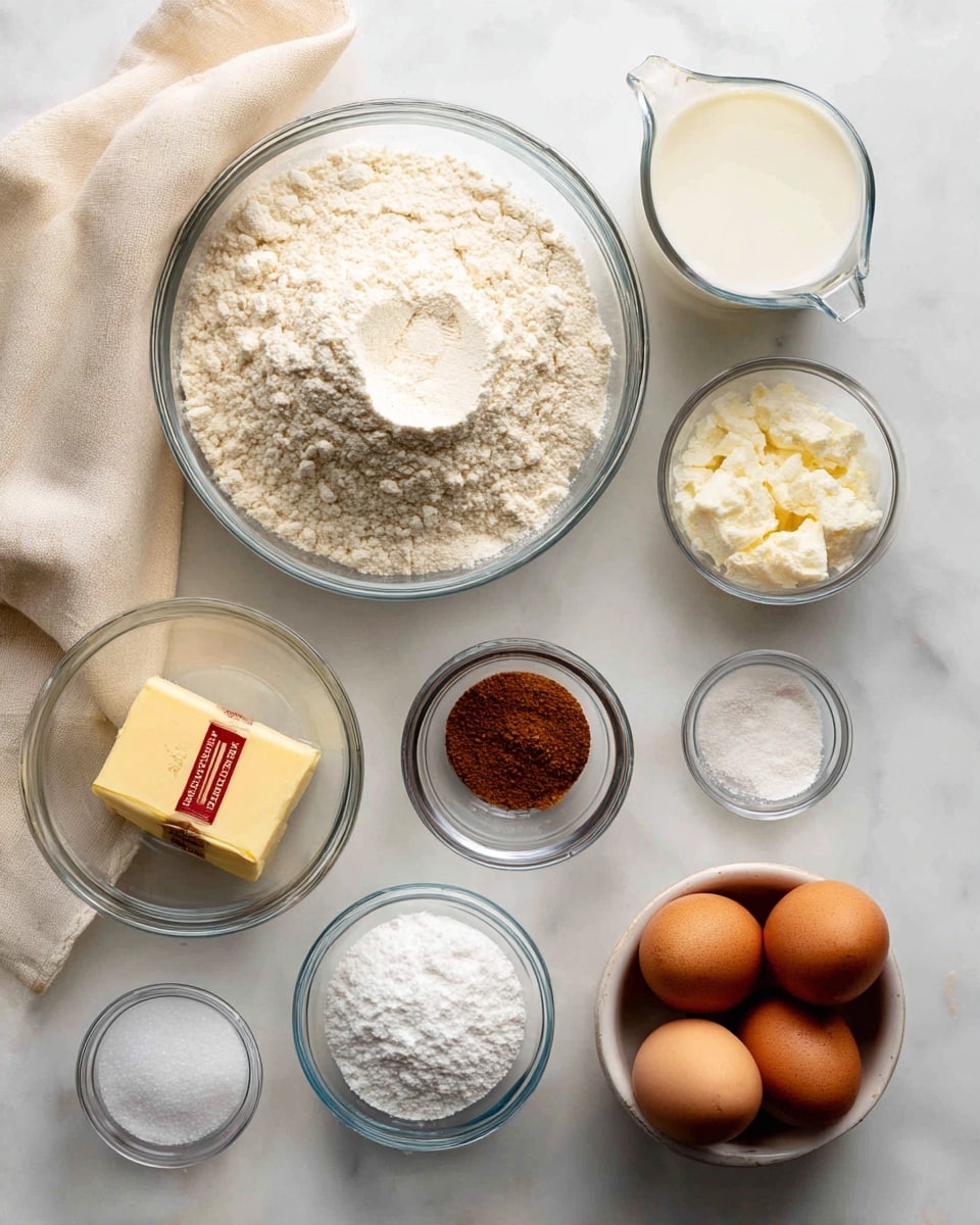 The image shows a white marbled surface with several clear glass bowls and a small glass measuring cup arranged neatly. The largest bowl on the top left contains pale beige all-purpose flour with a small dip in the middle. To the right, a small glass measuring cup holds whole milk, slightly below the top. Below the flour bowl are six small containers: a tiny bowl with brown mace powder, a small bowl with off-white yeast granules, a small bowl of white salt crystals, a stick of yellow butter with red markings on its wrapper, a small bowl with white sugar, and a bowl with three brown eggs gathered together. A folded cream cloth is placed on the left side of the surface. Each item is clearly labeled above or below it in black text. photo taken with an iphone --ar 4:5 --v 7