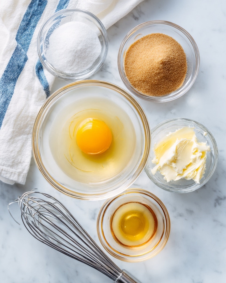 A clear glass bowl in the center has one raw egg with a yellow yolk and clear white. Around it, there are four smaller clear glass bowls: one with light brown sugar, one with melted yellow butter, one with a pale cream liquid, and one with a light golden syrup. A silver whisk lies below the sugar bowl. All the bowls and utensils rest on a white marbled surface with a white cloth with blue stripes in the upper left corner. photo taken with an iphone --ar 4:5 --v 7