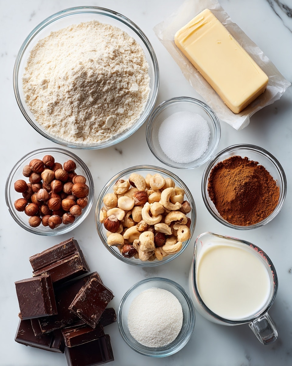 The image shows several clear glass bowls and a clear measuring cup arranged on a white marbled surface. The largest bowl on the top left holds a mound of pale off-white all-purpose flour. Below it, a small clear bowl contains coarse white kosher salt. To the right of the salt is a small bowl filled with dark brown sugar, textured with small clumps. Above the sugar is a stick of butter with its paper wrapper still on, pale yellow in color. To the right of the butter, a small glass bowl holds a rich brown cinnamon powder. Next to the cinnamon is a large bowl filled with light brown hazelnuts, some whole and some halved, showing a rough texture. Below the hazelnuts is a small bowl with white baking powder, fine and powdery. In the bottom center, a clear bowl contains rough chunks of dark chocolate in dark brown and almost black shades. On the bottom right, a glass measuring cup holds creamy white heavy cream, smooth in texture. The ingredients are neatly laid out with clear labels in black text above or near each container. photo taken with an iphone --ar 4:5 --v 7
