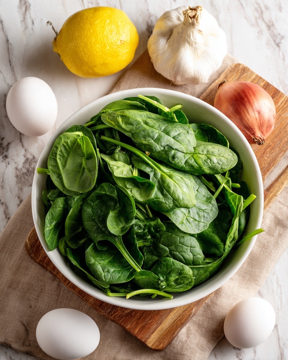 A white bowl is filled with fresh green spinach leaves with visible veins and texture, placed on a wooden board with warm brown tones. Around the bowl, there are four white eggs, one lemon with a bright yellow peel, a small reddish-brown shallot, and a whole white garlic bulb, all set on a beige napkin next to the board. The whole setup is on a white marbled surface showing subtle gray veins. photo taken with an iphone --ar 4:5 --v 7