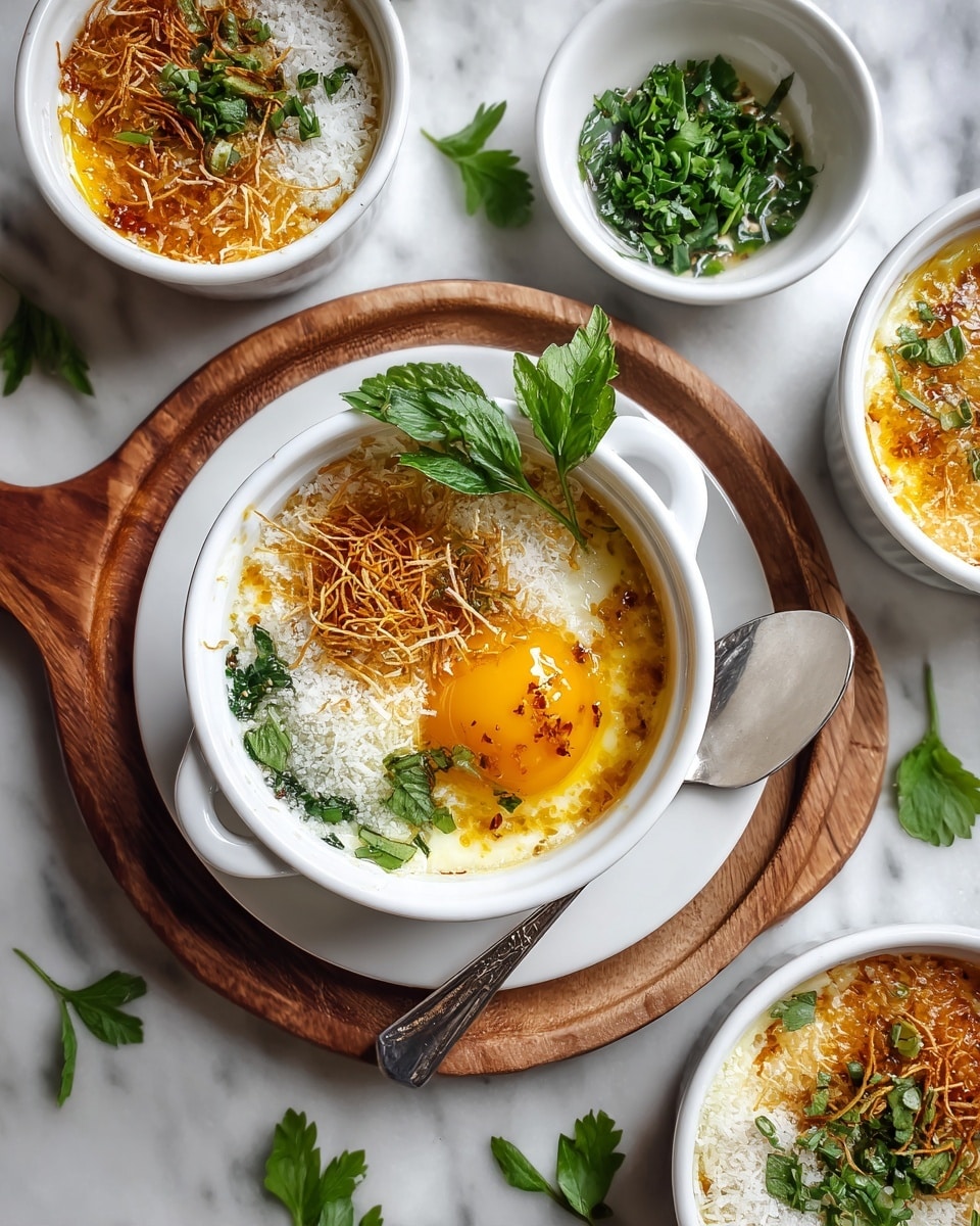 There is a white round bowl filled with a layered dish placed on a white round plate on a wooden board. The dish has a bright yellow smooth egg yolk sitting on top, surrounded by a layer of golden brown crispy thin fried onions on one side, a layer of white grated cheese on the other side, and finely chopped green herbs scattered over and around the yolk. Beside the bowl, a silver spoon lies on the plate with a green herb leaf resting on it. Around the wooden board, there are small white bowls filled with chopped green herbs, fried onions, and grated cheese arranged on a white marbled surface. Photo taken with an iphone --ar 4:5 --v 7