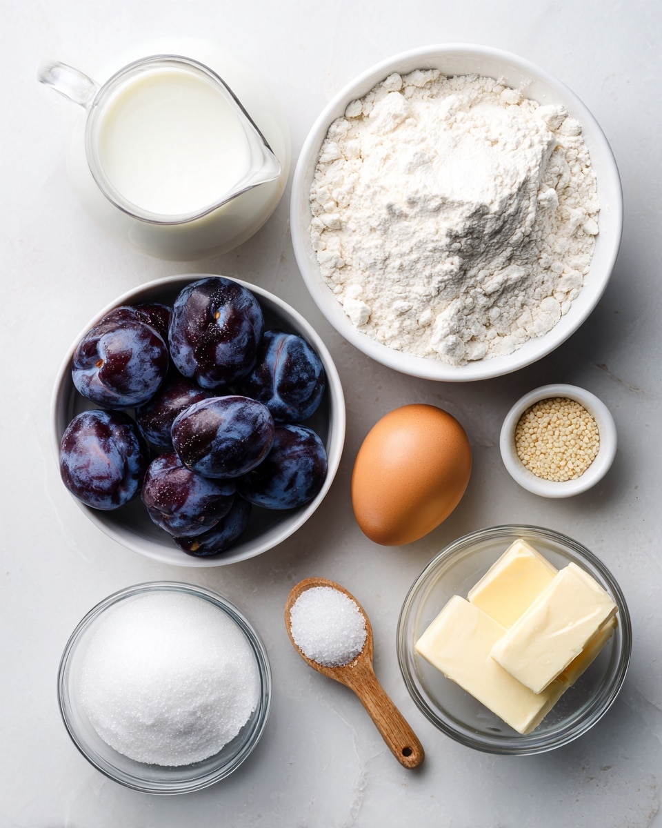 The image shows an overhead view of six ingredients arranged neatly on a white marbled surface. At the center, there is a white bowl filled with dark purple prune plums with hints of reddish blue and natural texture visible on their skins. Above this bowl, a white bowl contains a large amount of white flour with a soft, powdery texture. To the left of the flour is a clear glass jug of white milk, and next to it is a single brown egg with a smooth shell resting directly on the surface. Below the prune plums, a small white bowl holds granulated white sugar, and to the right of it is a clear glass bowl with a solid chunk of pale yellow butter. Near the butter, a small wooden spoon holds light beige yeast granules. The ingredients are labeled clearly with black text in a simple font. The photo is taken with an iphone --ar 4:5 --v 7