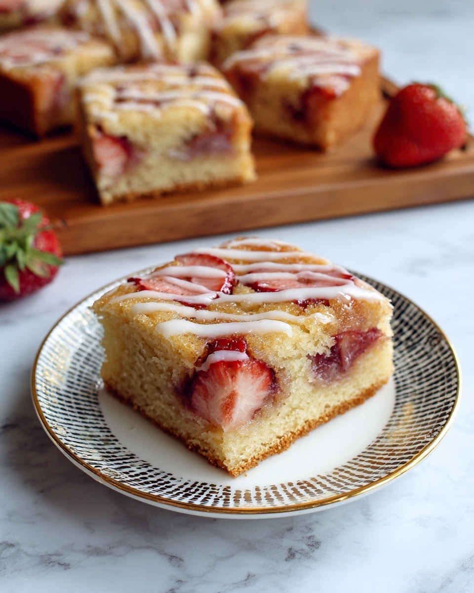 A square piece of cake with three visible layers sits on a white plate with gold and blue rim details; the bottom layer is dense and light beige, the middle layer shows soft pink and red fruit filling, and the top layer is golden brown with whole baked plum slices and white icing drizzle. In the background, a wooden board with parchment paper holds more pieces of the same cake, all against a white marbled surface. Photo taken with an iphone --ar 4:5 --v 7