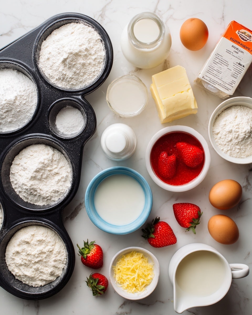 The image shows a black donut baking pan on the left with two white bowls on top, one filled with white flour and the other with a white liquid. Around the pan are various baking ingredients: a white container of sour cream, a bottle of clear canola oil, a white jar of baking powder, an orange box of baking soda, a small blue bowl of salt, a single brown egg, a small red bowl of strawberry puree, several fresh red strawberries, a small glass bottle of vanilla extract, a white bowl filled with powdered sugar, a small white dish with yellow lemon zest, and a glass cup of milk with a handle. All items are set on a white marbled surface photo taken with an iphone --ar 4:5 --v 7