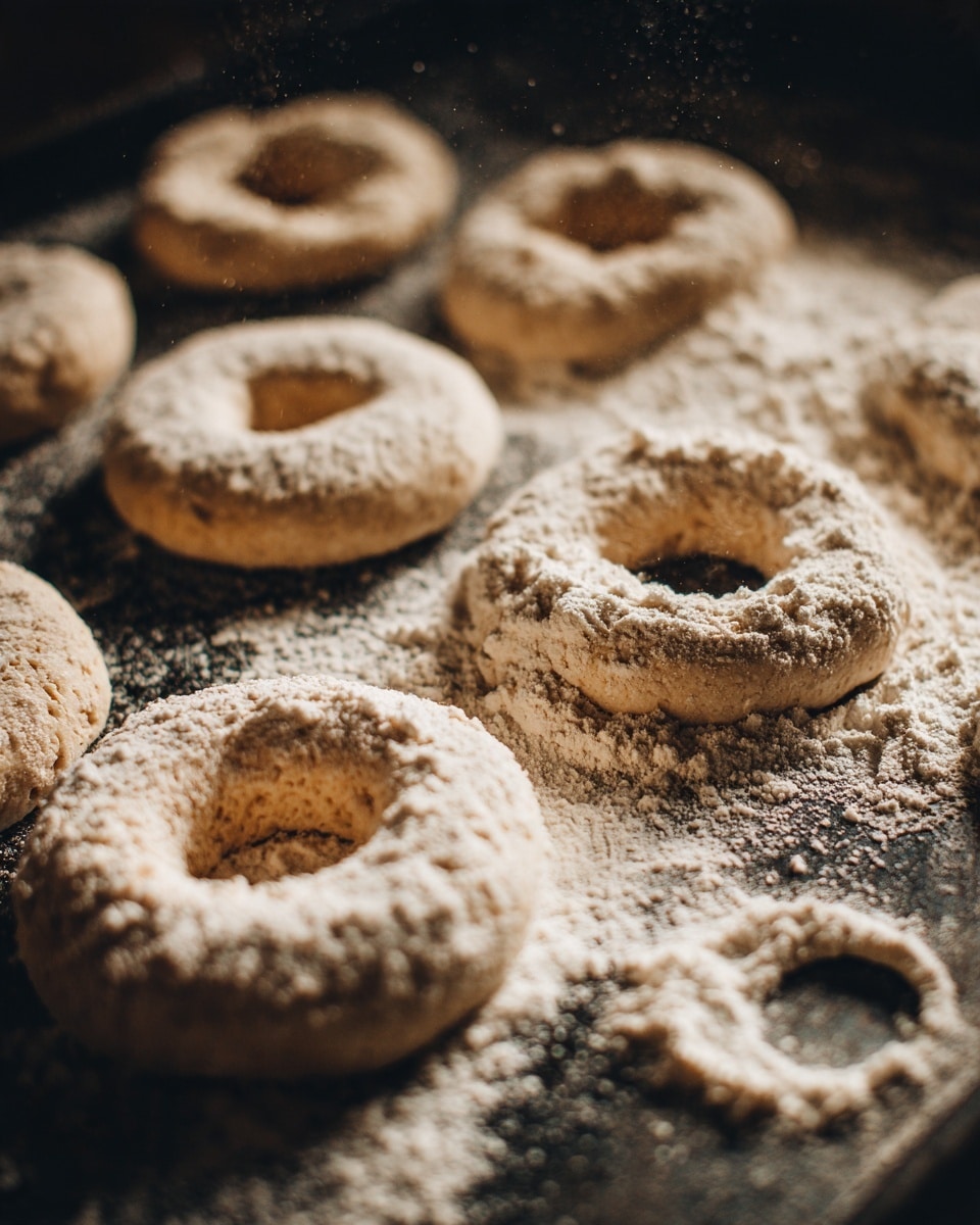 There are several dough rings arranged on a dark tray, each ring is light brown and slightly thick with a rough texture and a hole in the center. They are sprinkled with white flour dust that also spreads on the tray. Some smaller dough circles without holes are placed near the dough rings. The scene is close up and shows the soft, raw dough with some loose flour around. photo taken with an iphone --ar 4:5 --v 7