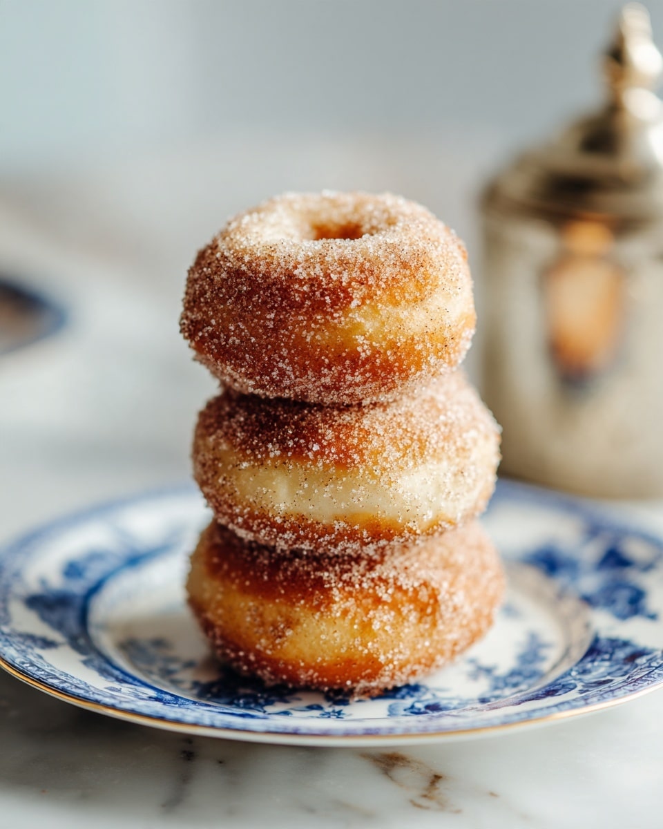 A stack of three round donuts sit on a white plate with a blue floral pattern. The donuts have a rich golden-brown color and are covered with a grainy cinnamon sugar coating that looks rough and slightly uneven. Each donut's texture looks soft but firm, with small cracks visible on the top donut's surface. The background features a white marbled texture with soft natural light highlighting the donuts, showing subtle shadows around the edges. In the blurred background to the left, there is a silver baking tin holding more donuts. Photo taken with an iphone --ar 4:5 --v 7