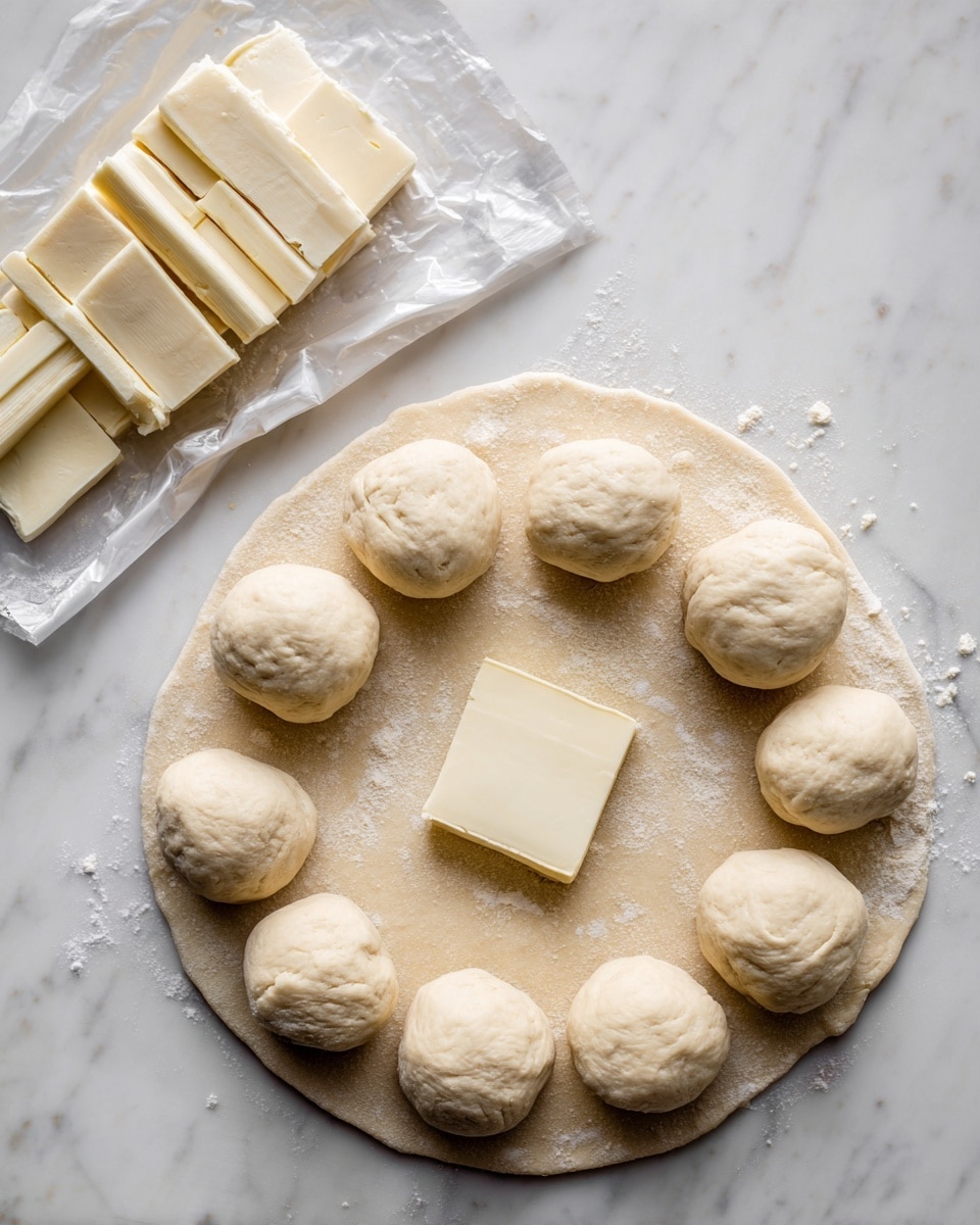 On a white marbled surface, there are multiple round dough balls with a soft, slightly uneven texture, arranged around a flat dough circle in the center. On top of the flat dough circle is a square piece of creamy white cheese with a smooth but slightly crumbly texture. At the top left of the image, an opened package with several rectangular pieces of the same white cheese is visible, some pieces stacked or lying close together. photo taken with an iphone --ar 4:5 --v 7