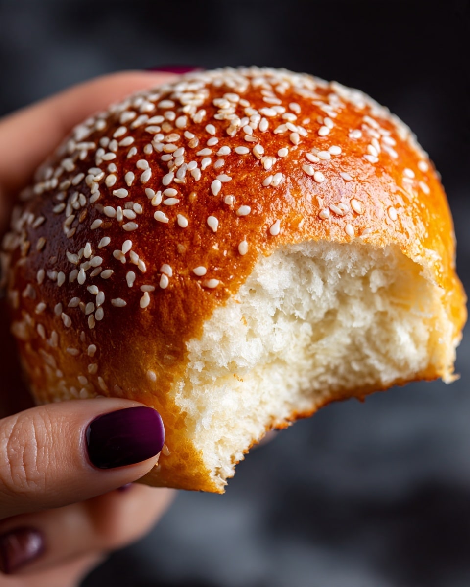 A close-up photo of a small round bun with a bite taken out of it, showing its soft, white, fluffy inside. The bun is topped with many white sesame seeds that cover its golden-brown outer crust. A woman's hand with dark purple nail polish is gently holding the bun, while the background is a simple dark color to make the bun stand out. photo taken with an iphone --ar 4:5 --v 7