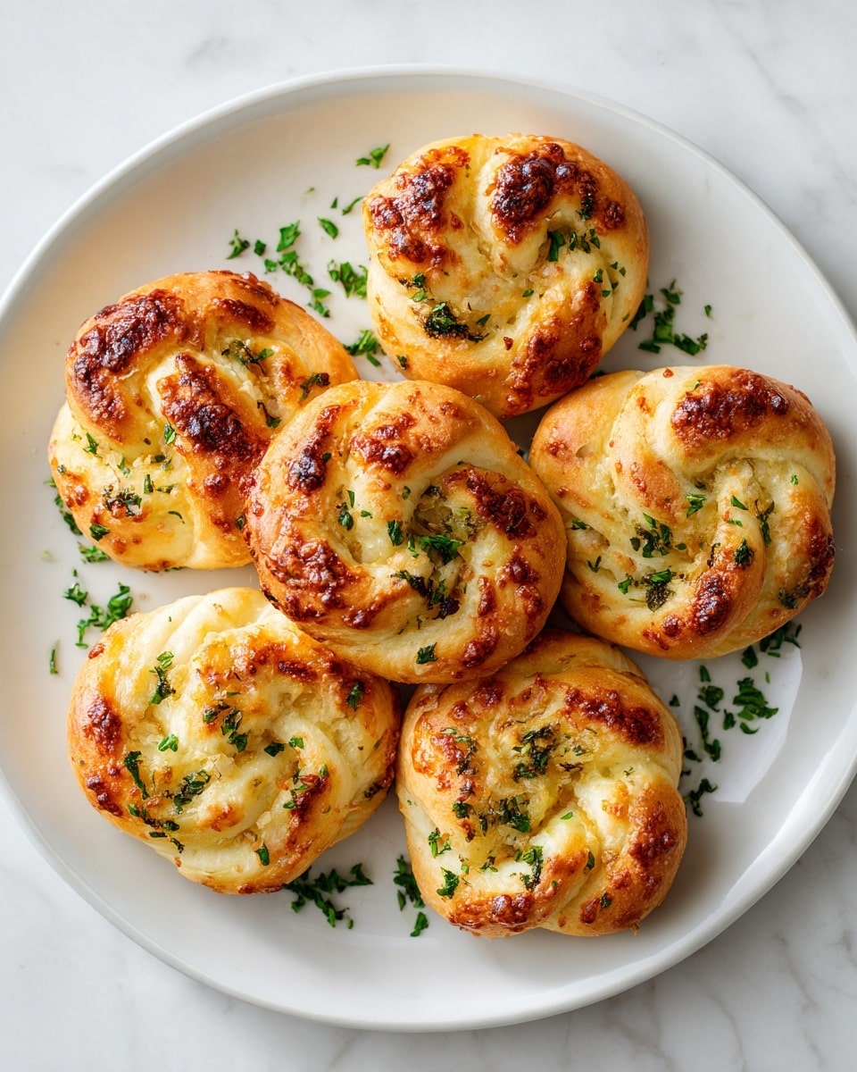 The image shows seven small, golden-baked knots of dough arranged on a white plate. Each knot has a light brown top with some parts toasted darker, showing a soft and slightly crispy texture. They are sprinkled with small bits of minced garlic and finely chopped green herbs scattered on and around the knots, adding a pop of color. The plate sits on a white marbled surface, enhancing the clean and fresh look of the baked knots. photo taken with an iphone --ar 4:5 --v 7