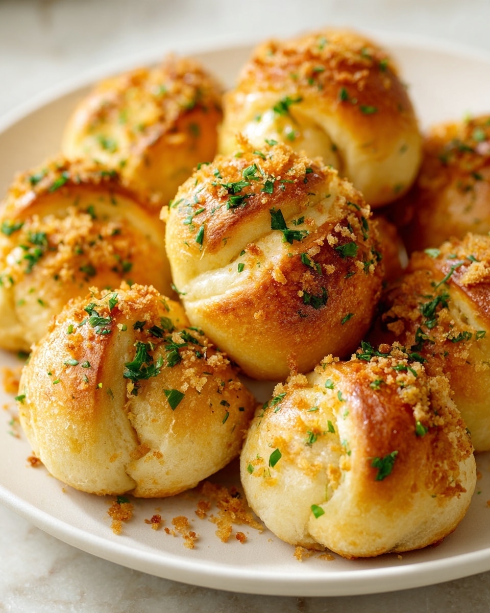A white plate holds eight soft dinner rolls shaped like knots with a golden brown top layer showing light toasts and some pieces of crispy garlic bits scattered on top. The rolls’ dough is pale beige with a smooth texture and sprinkled with small chopped green herbs for color contrast. The rolls are arranged close together on a white marbled surface. photo taken with an iphone --ar 4:5 --v 7