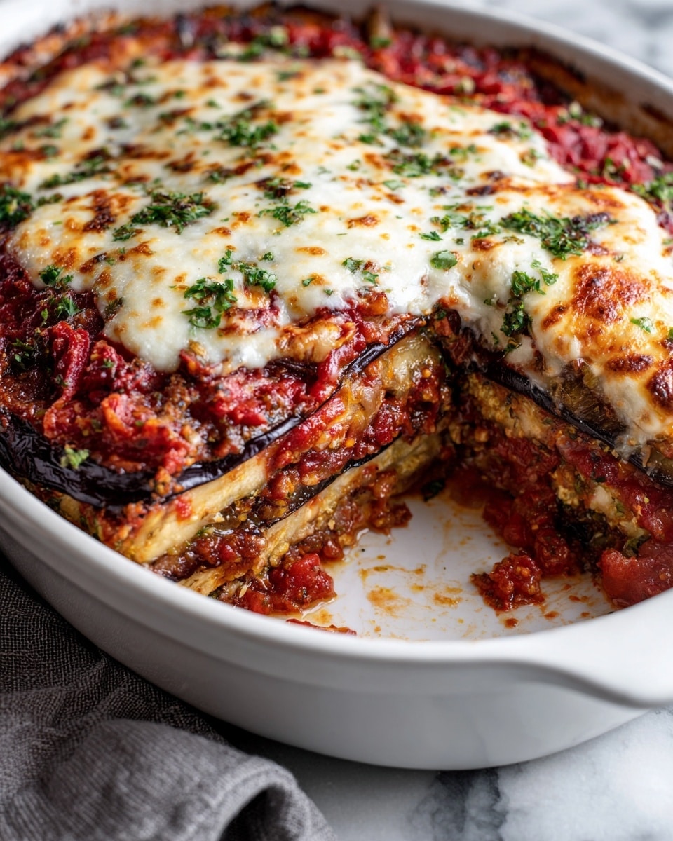 A white baking dish filled with a layered casserole. The bottom layer is visible slightly on the right side, showing browned edges of thinly sliced vegetables or pasta with a dark reddish-brown color. On top is a thick, bright red tomato sauce layer scattered with small chunks of tomato and herbs. Covered by a melted white cheese layer that is slightly browned and bubbly. The dish sits on a white marbled surface with a light gray cloth nearby. Photo taken with an iphone --ar 4:5 --v 7