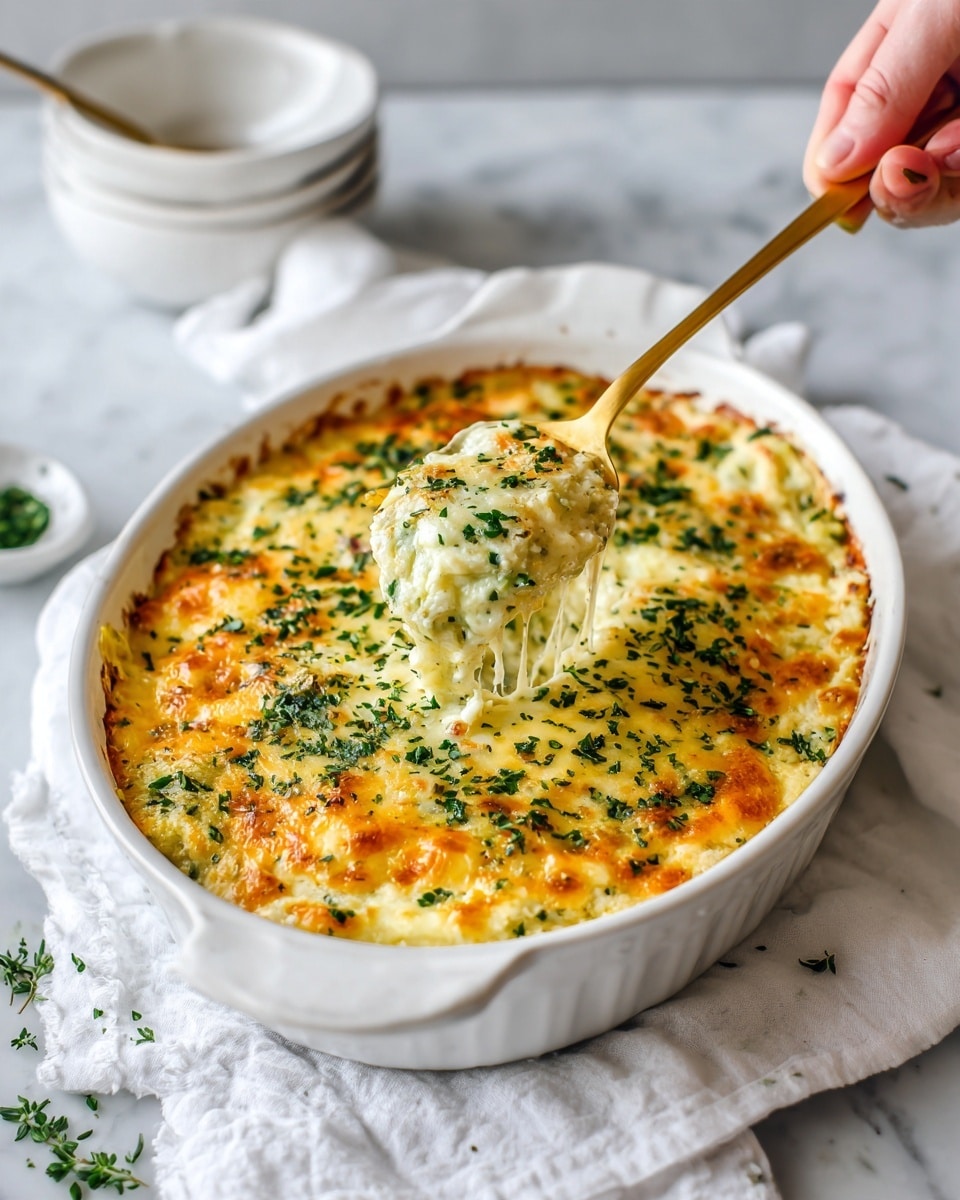The image shows a white oval baking dish filled with a creamy, cheesy casserole that has a golden yellow top with melted cheese and small green herb pieces spread over it. The casserole looks thick with layers of melted cheese and cooked greens visible, and it has slightly browned edges where the cheese has baked. A silver spoon is scooping out a portion, held by a woman's hand, revealing the creamy and textured inside with bits of greens and cheese. In the background, there are white bowls with the same casserole and silver spoons inside them, all placed on a white marbled surface, giving a clean and bright look. photo taken with an iphone --ar 4:5 --v 7