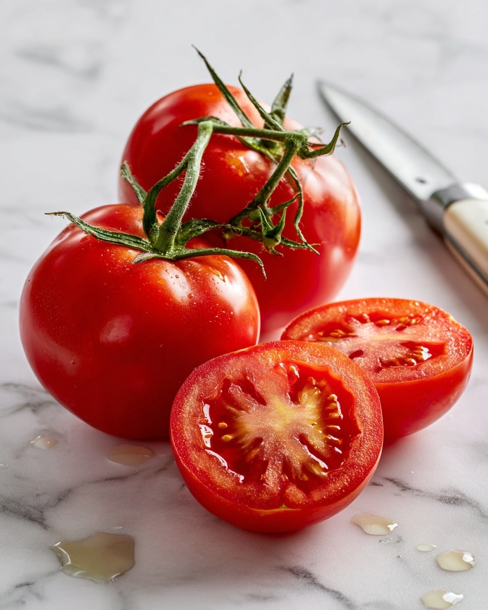 The image shows a bunch of three whole red tomatoes connected by green stems, resting on a white marbled surface. In front of them, there are two tomato halves placed cut side up, revealing a soft, juicy inner texture with visible seeds and light red flesh. To the right of the tomatoes, a stainless steel knife with a white handle lies on the surface, with some drops of liquid nearby. The scene is simple and clear, focusing on the freshness and natural appearance of the tomatoes. Photo taken with an iphone --ar 4:5 --v 7