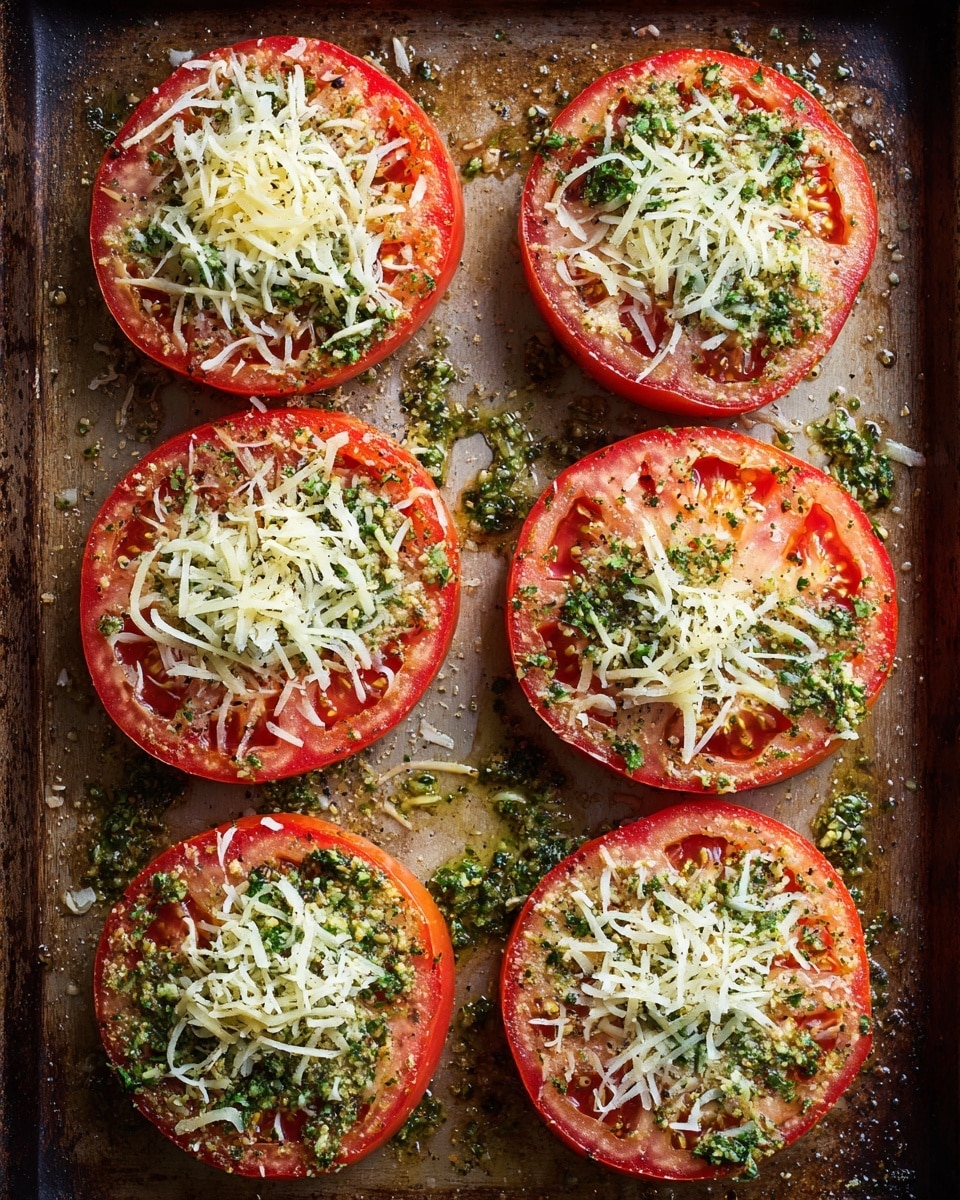 Six round tomato slices are placed in two vertical rows of three on a baking board with a few dark spots. Each tomato slice is topped with a green pesto layer that has a slightly chunky texture, and this is covered with a generous amount of shredded white cheese. The tomato edges are bright red and fresh looking, while the cheese appears soft but not melted. The background surface is a white marbled texture. Photo taken with an iphone --ar 4:5 --v 7