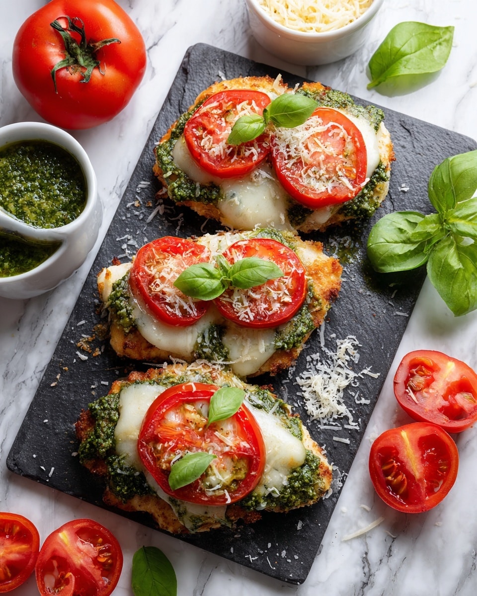 The image shows three pieces of cooked chicken on a black rectangular slate placed on a white marbled surface. Each piece has a base layer of green pesto spread evenly, topped with two or three slices of red tomato, melted white cheese on top, and small green basil leaves scattered as garnish. The chicken looks juicy and lightly seasoned with black pepper and grated cheese scattered around the slate. Around the slate are fresh whole tomatoes, a half tomato, green basil leaves, a garlic bulb, and white bowls containing green pesto and shredded cheese. photo taken with an iphone --ar 4:5 --v 7