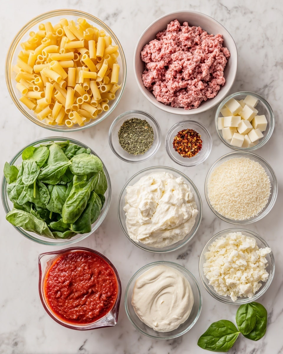 The image shows an overhead view of ingredients neatly arranged on a white marbled surface. Starting from the top left, there is a clear bowl filled with uncooked yellow tubular pasta. To the right is a white bowl with raw ground meat that has a pink and white mottled texture. Next to it are three small clear bowls containing dry garlic, dried herbs, and red chili flakes. At the top right, a clear bowl is filled with small white cheese cubes. Below that is a pink bowl filled with fine white breadcrumbs. Near the bottom center, a large clear bowl holds a creamy white cheese spread, and next to it is a small clear bowl with a bit of white cream. On the left side at the bottom is a clear measuring cup filled with bright red tomato sauce. A white bowl filled with fresh green spinach leaves sits near the center. Scattered around are small clear bowls with olive oil, salt, and fresh chopped green basil. Everything is cleanly placed in separate bowls with a bright and fresh look, photo taken with an iphone --ar 4:5 --v 7
