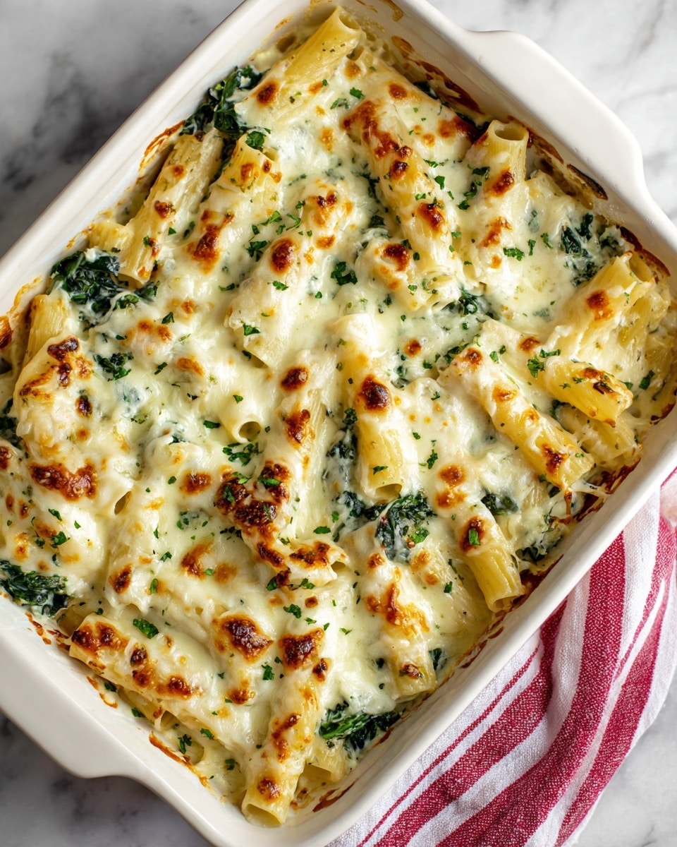 A white baking dish filled with baked pasta tubes covered in melted white cheese sauce. The pasta is arranged evenly in one layer at the bottom, mixed with bits of green leafy herbs and small pieces of red tomato sauce scattered throughout. The cheese sauce is smooth and creamy, coating the pasta with some parts slightly browned and bubbly. The dish sits on a white marbled surface with a red and white striped cloth nearby. Photo taken with an iphone --ar 4:5 --v 7