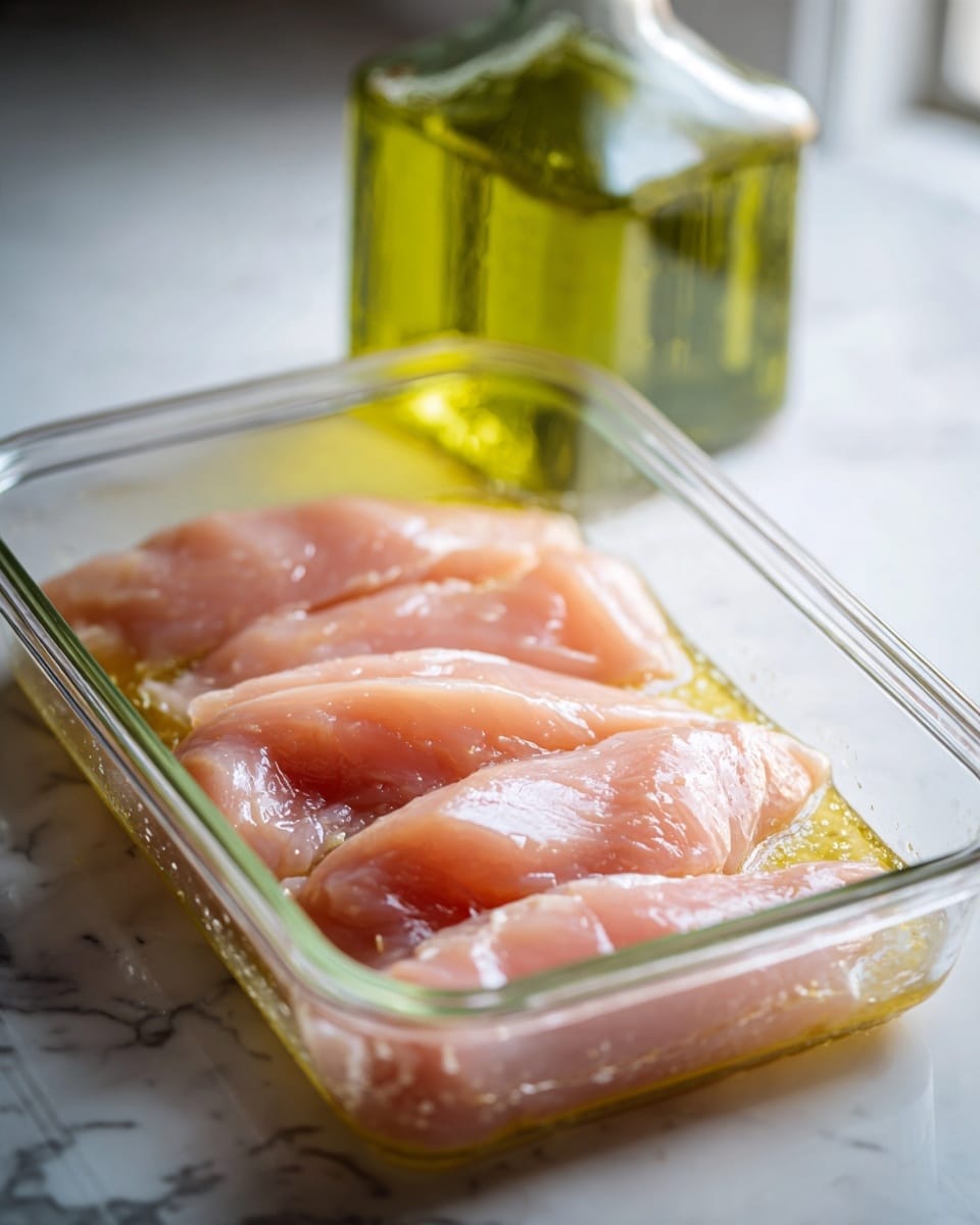 The image shows several light pink raw chicken strips placed inside a clear rectangular plastic container. The strips are fully covered with a pale yellow liquid marinade that has an oily texture. The container is sitting on a white marbled surface. Behind the container, there is a glass bottle with a green liquid inside, slightly blurred in the background. The scene has soft natural light highlighting the glossy surface of the chicken and marinade photo taken with an iphone --ar 4:5 --v 7