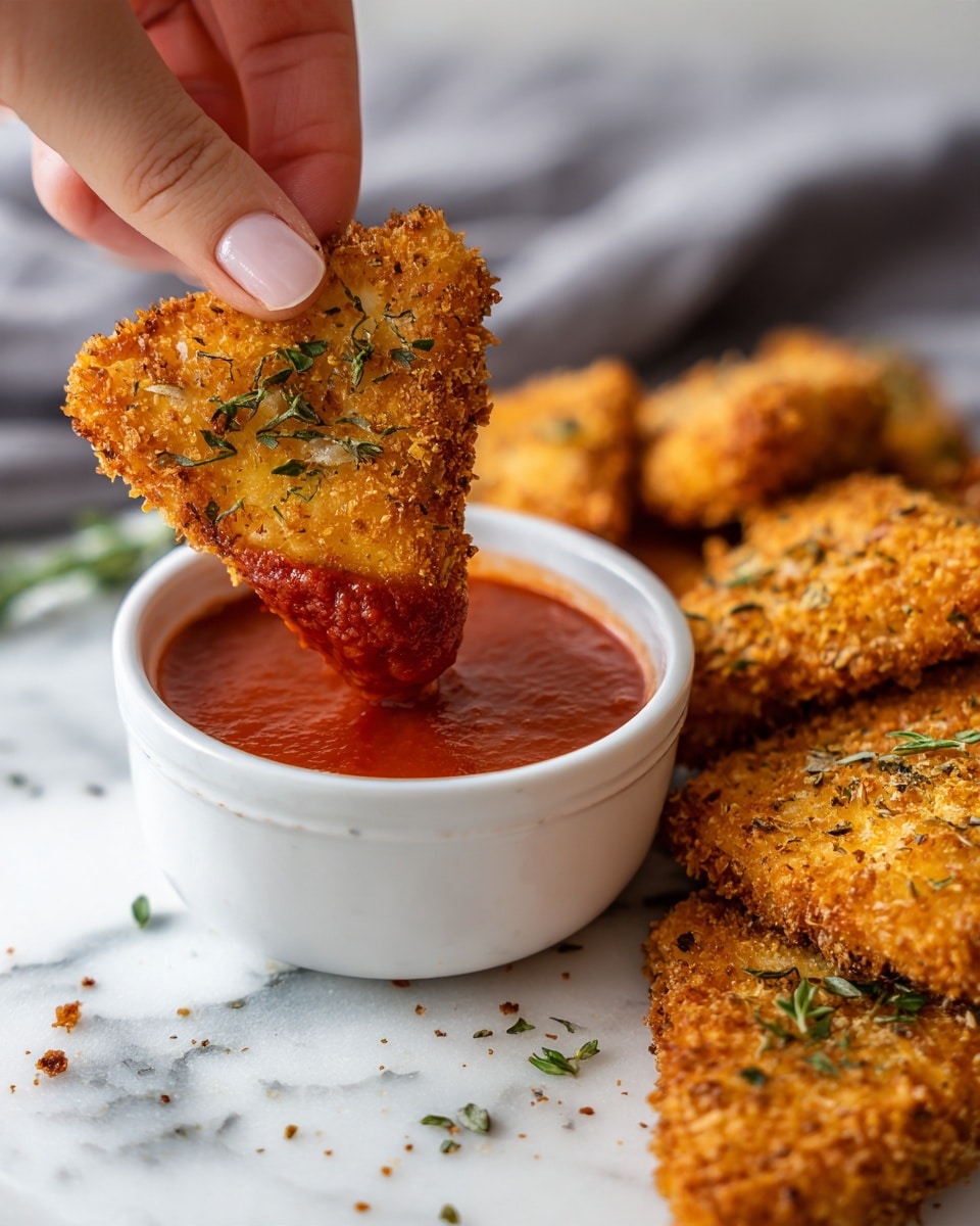 A woman's hand is holding a golden brown crispy breaded triangle-shaped piece, dipping it into a small white bowl filled with smooth bright red sauce. Around the bowl on a white marbled surface, there are more of these crispy breaded triangles with a crunchy texture and flecks of herbs. The focus is close up on the woman's hand and the food, showing the crunchy coating and the rich red sauce photo taken with an iphone --ar 4:5 --v 7