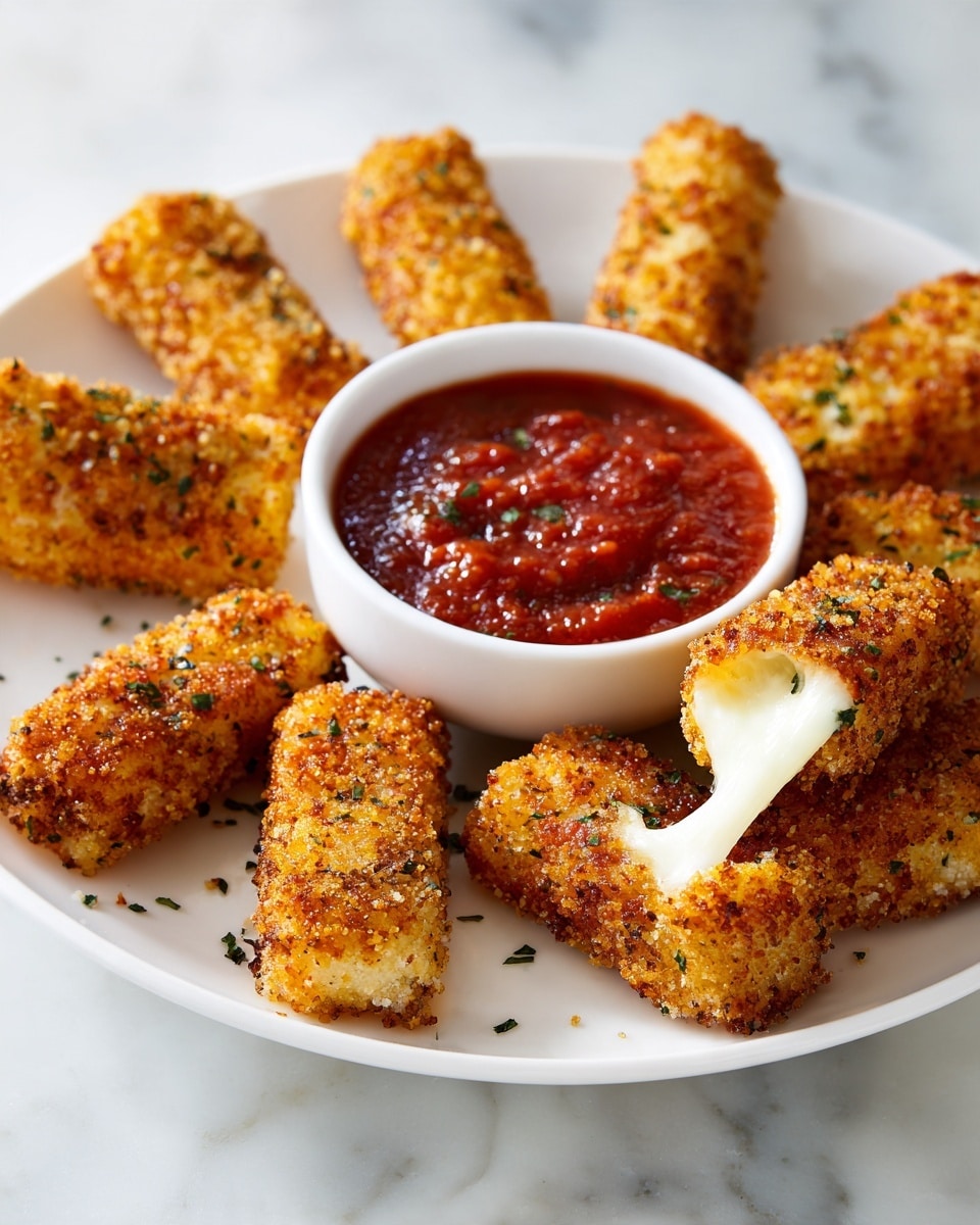 A white plate holds several golden brown, crispy cheese sticks coated with green herbs and breadcrumbs. Some cheese sticks show melted white cheese oozing out from the edges. In the center-left of the plate, there is a small white bowl filled with smooth, thick, bright red tomato sauce. The plate sits on a white marbled surface. photo taken with an iphone --ar 4:5 --v 7