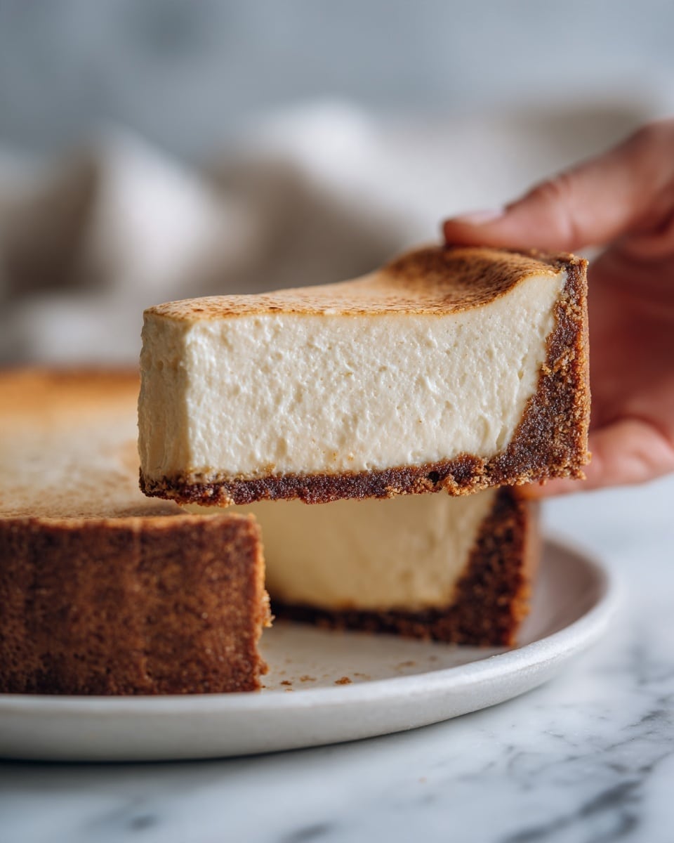 A close-up of a slice of pie being lifted by a woman's hand above a white plate, showing two main layers: the bottom dark brown crumbly crust with a rough texture and the thick, smooth, light tan creamy filling on top, with the creamy layer having soft, curved edges and a slightly glossy surface. The background shows a white plate holding the rest of the pie with the same two layers visible. The scene is set on a white marbled surface. photo taken with an iphone --ar 4:5 --v 7