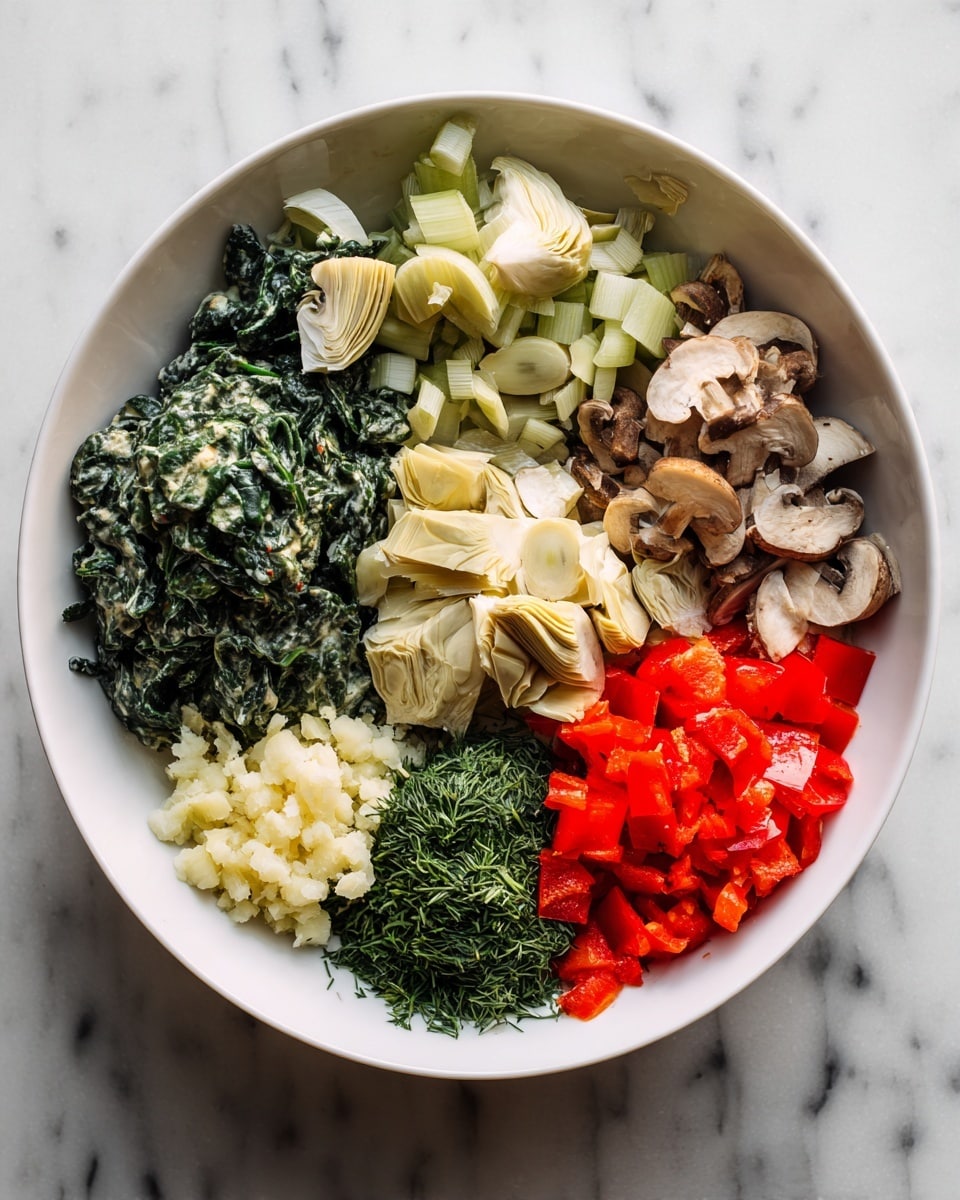A white bowl is shown from above on a white marbled surface, filled with seven separate sections of ingredients. In the top left is dark green cooked spinach with a rough texture. To the right of the spinach are small pieces of light green celery. Below the celery are pale beige slices of artichoke hearts spread apart. Next to the artichokes on the right side are light brown sliced mushrooms. In the bottom right corner are bright red diced red bell pepper pieces next to a small mound of chopped fresh dill with a soft texture. Adjacent to the dill are finely minced pale yellow garlic pieces in a small pile. The colors and textures contrast well and the ingredients are clearly separated. photo taken with an iphone --ar 4:5 --v 7